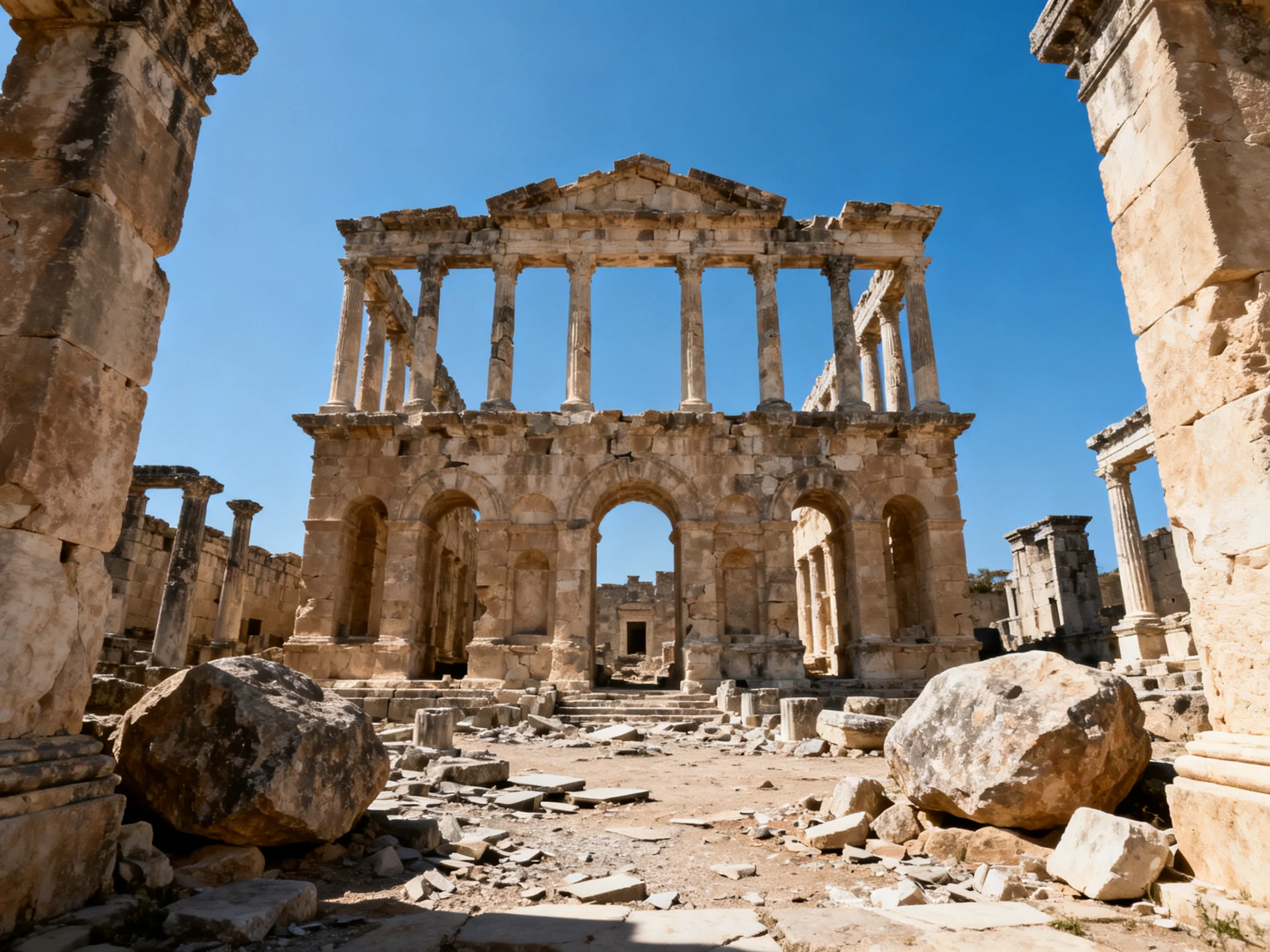 Ancient Stone Temple Ruins with Arched Columns Under Bright Blue Sky