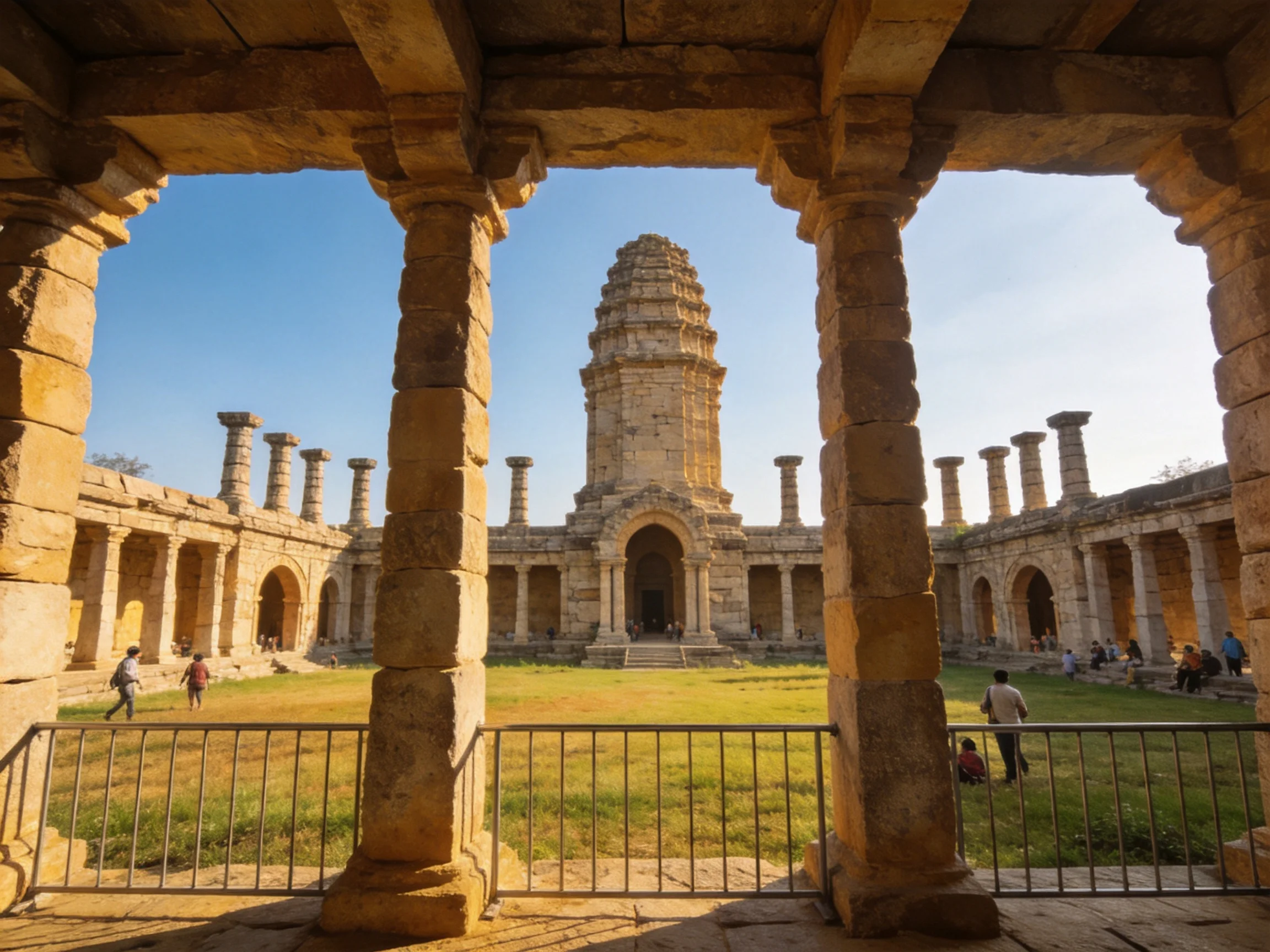 Ancient Stone Temple Ruins with Central Tower and Columned Courtyard