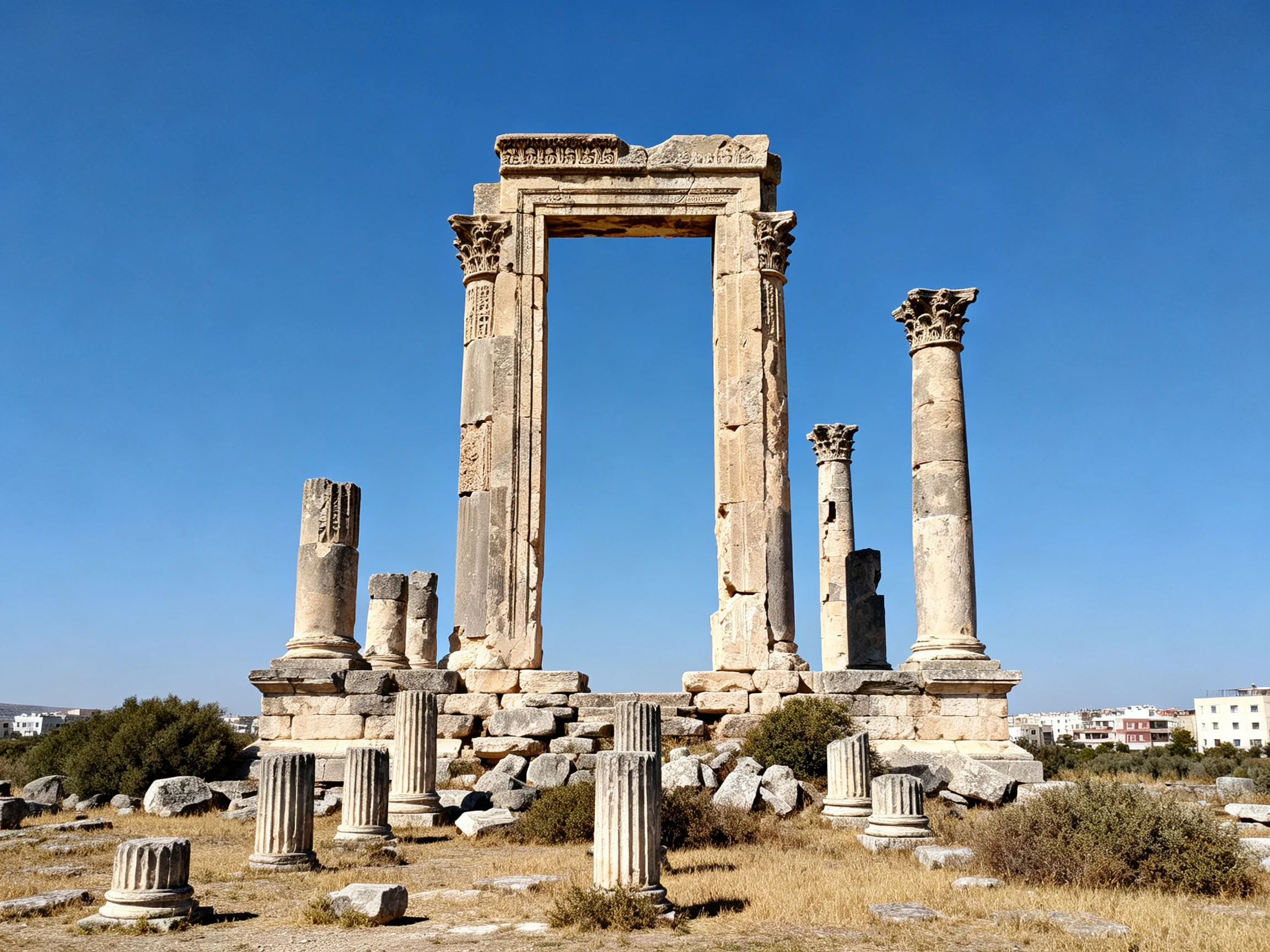 Ancient Stone Temple Ruins with Tall Columns Under Clear Blue Sky