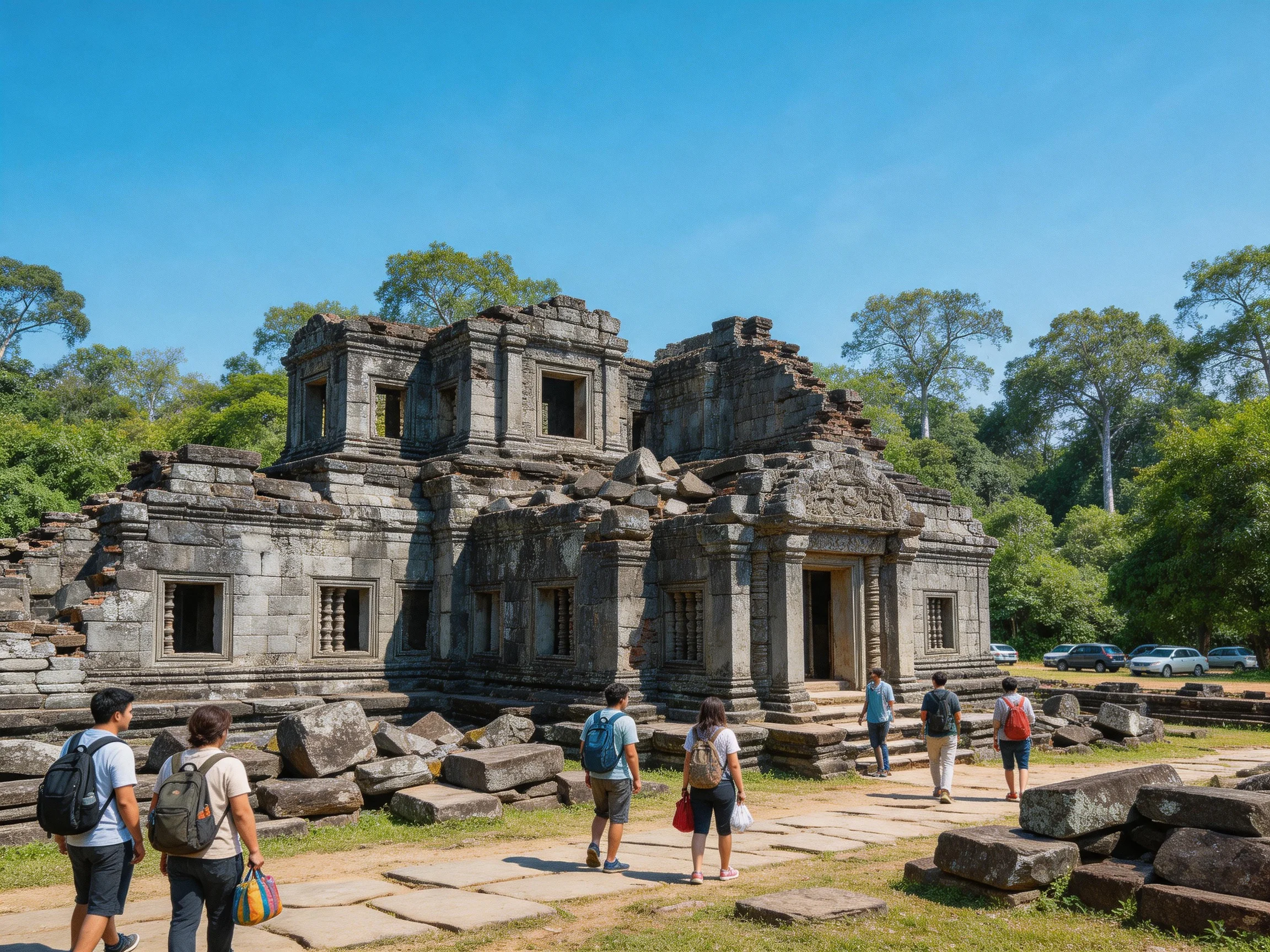 Ancient Stone Temple Ruins with Tourists and Lush Greenery