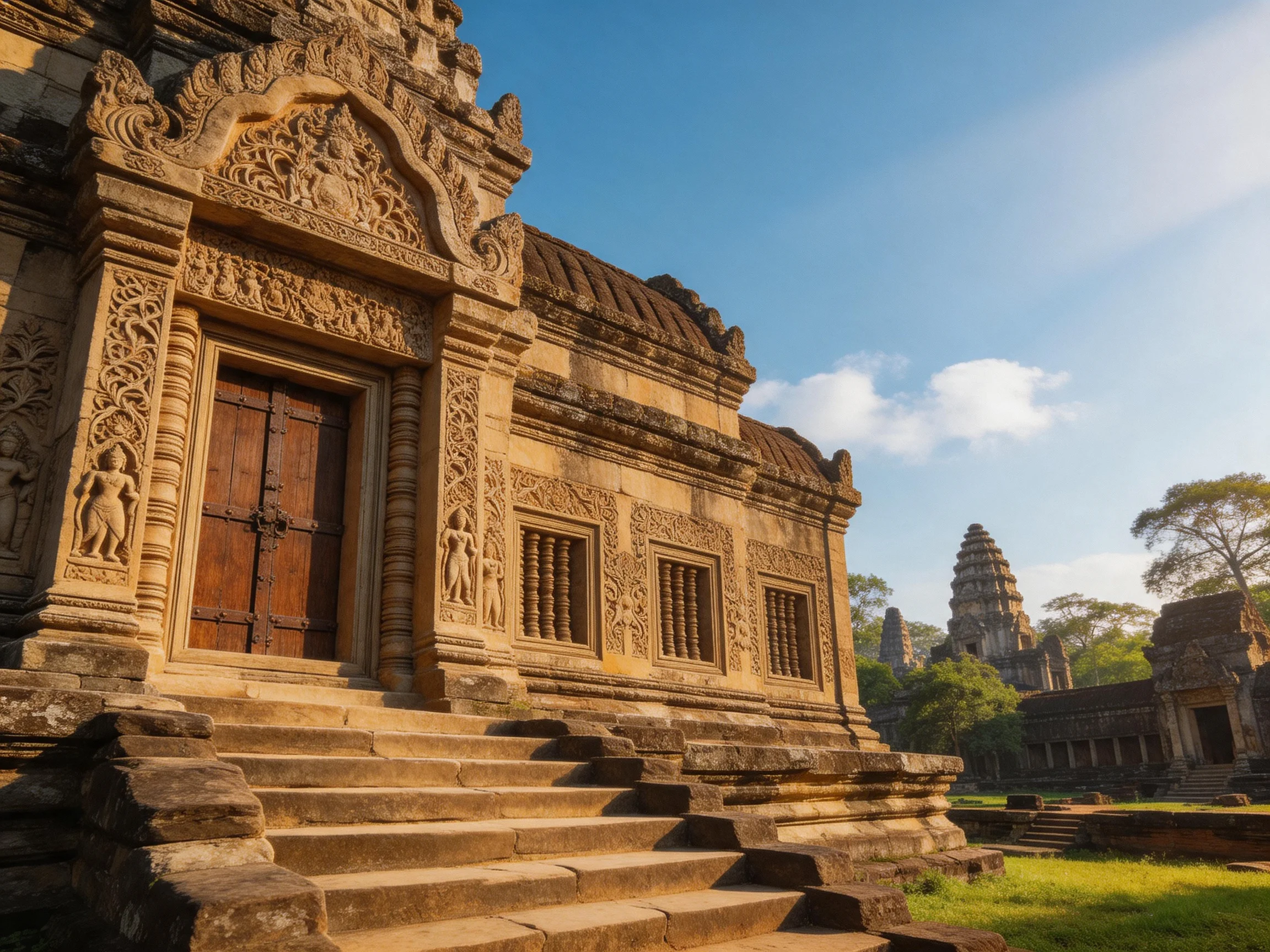 Ancient Stone Temple with Carved Facades and Brown Wooden Door