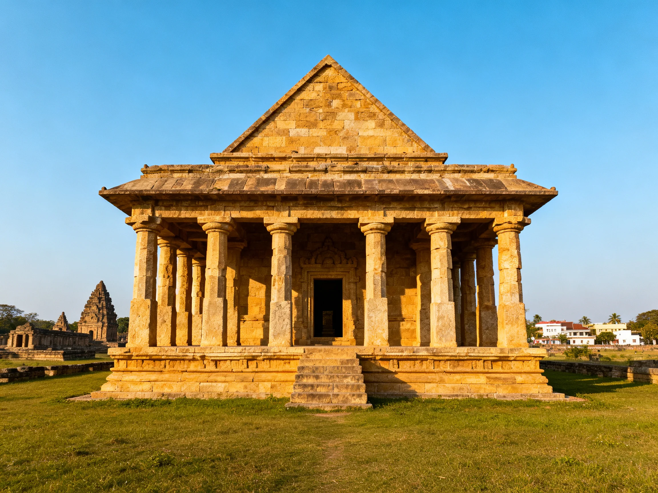 Ancient Stone Temple with Columns Under Clear Blue Sky