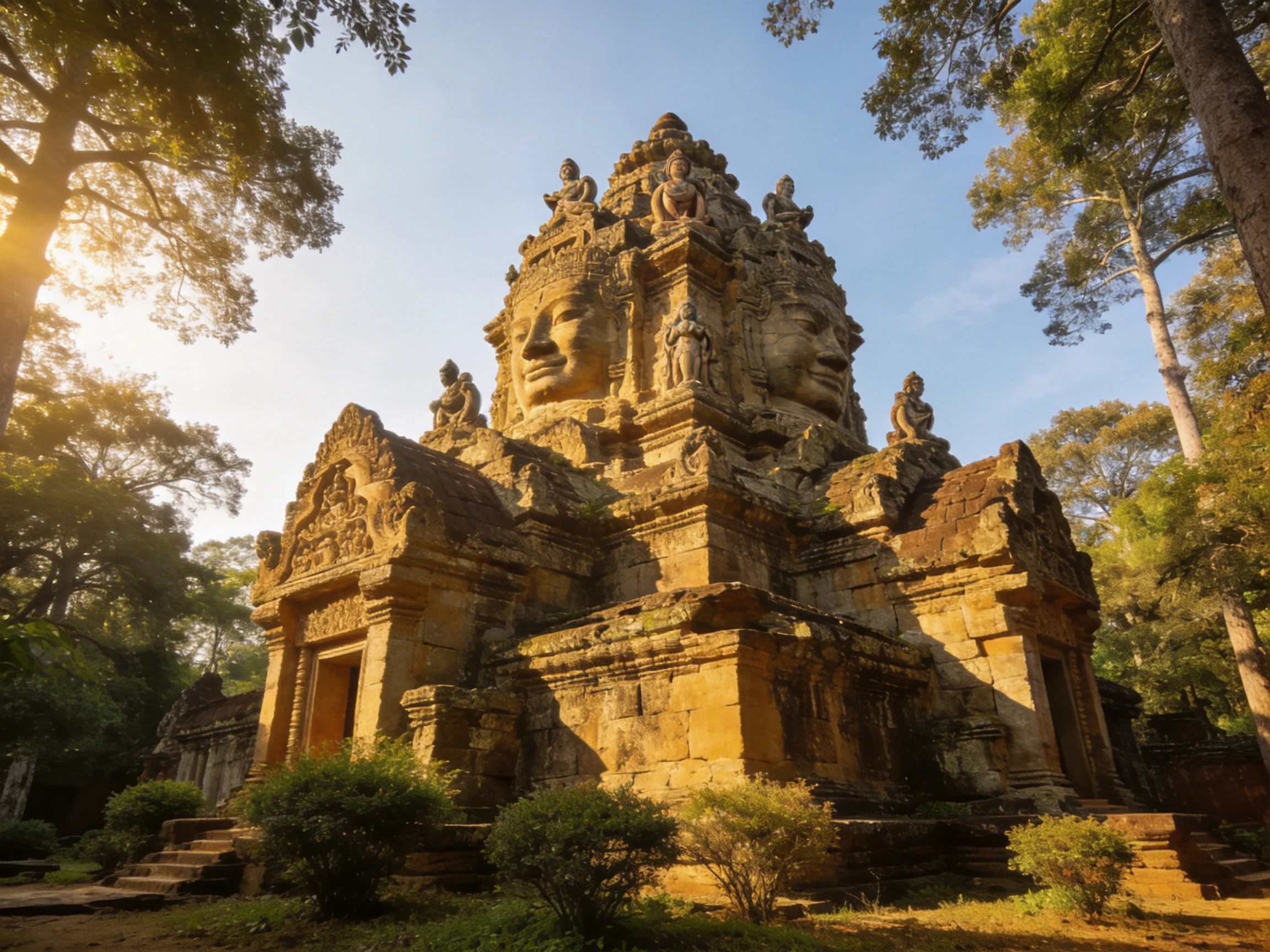 Ancient Stone Temple with Four Faces Among Sunlit Trees