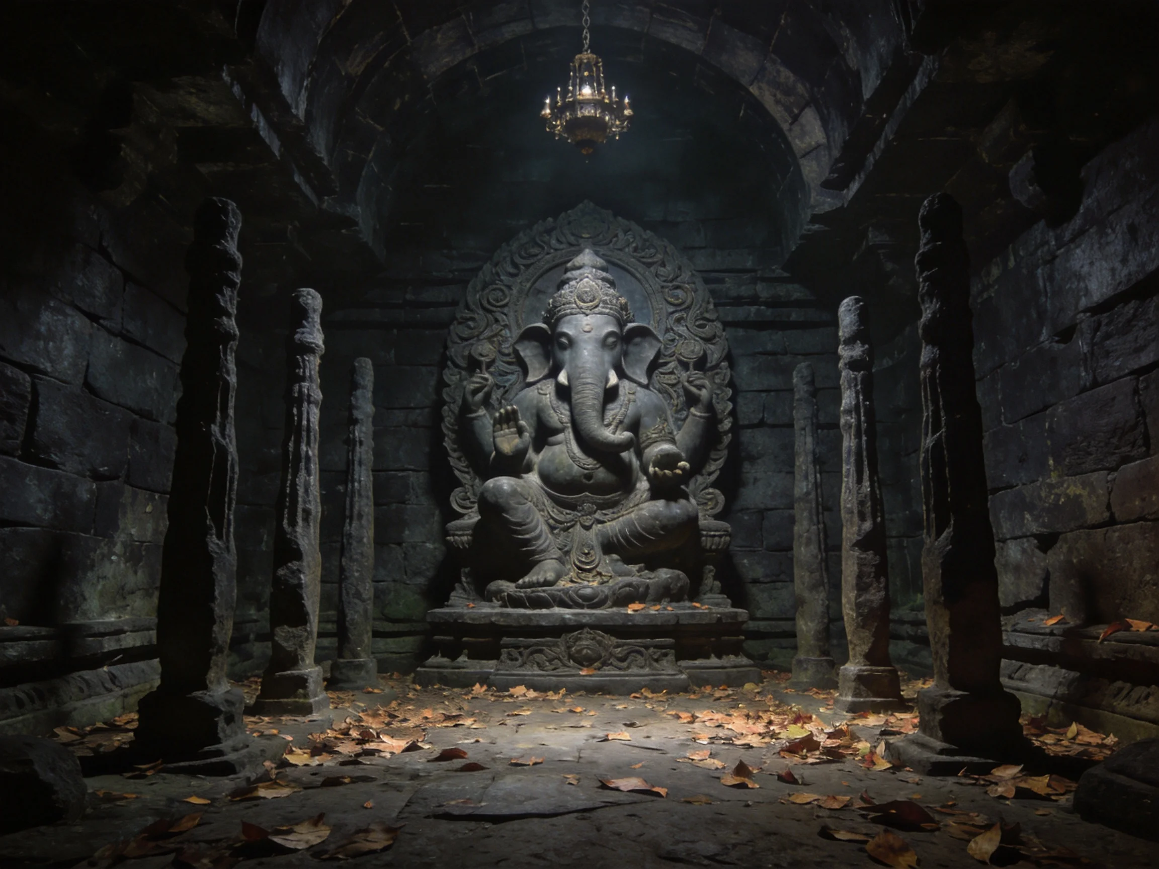 Ancient Stone Temple with Ganesha Statue and Hanging Chandelier
