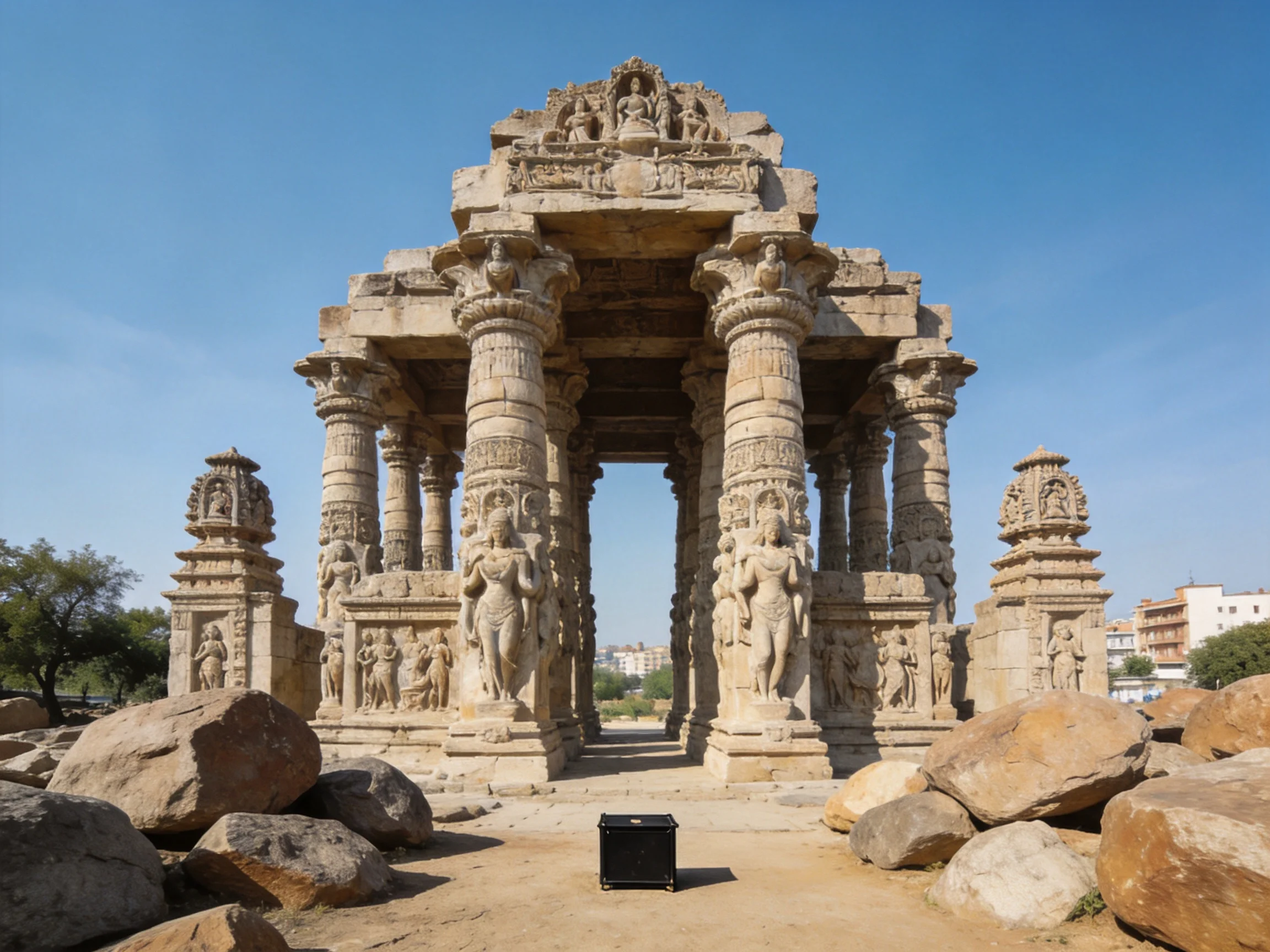 Ancient Stone Temple with Intricately Carved Columns Under Clear Blue Sky