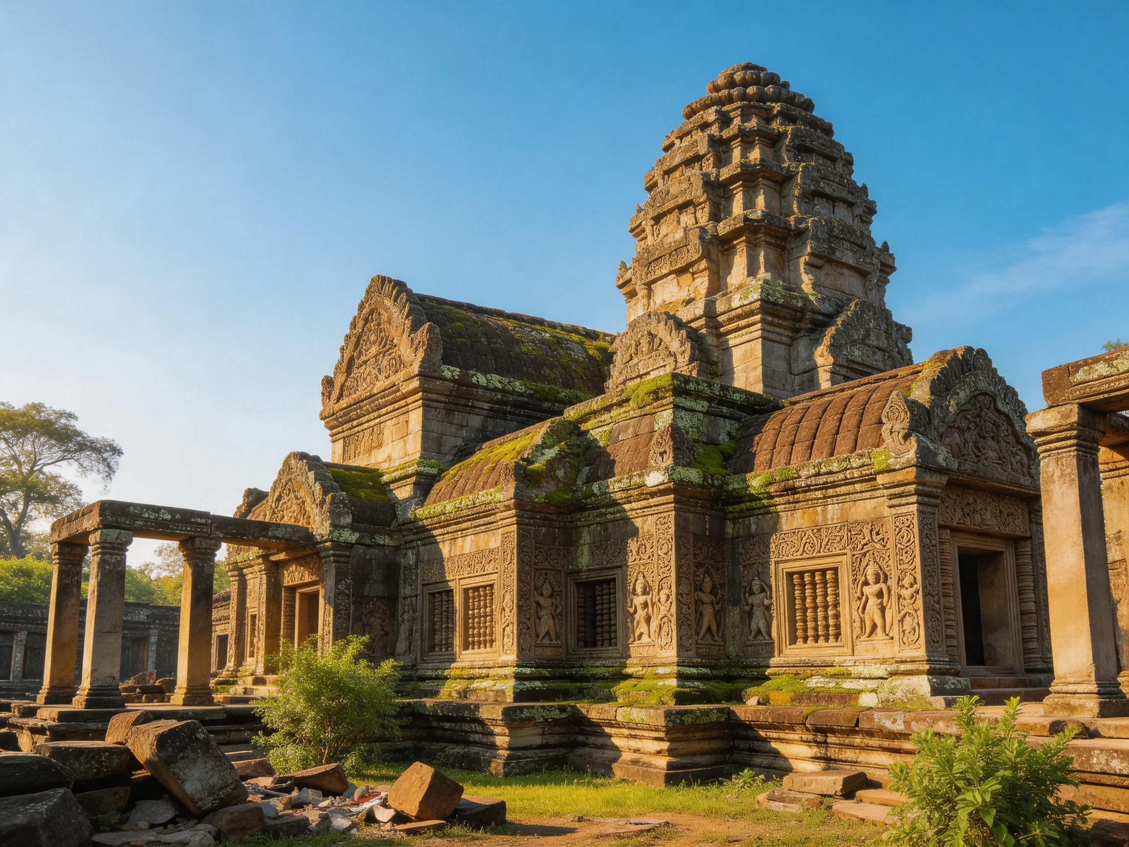 Ancient Stone Temple with Moss-Covered Structures and Tower