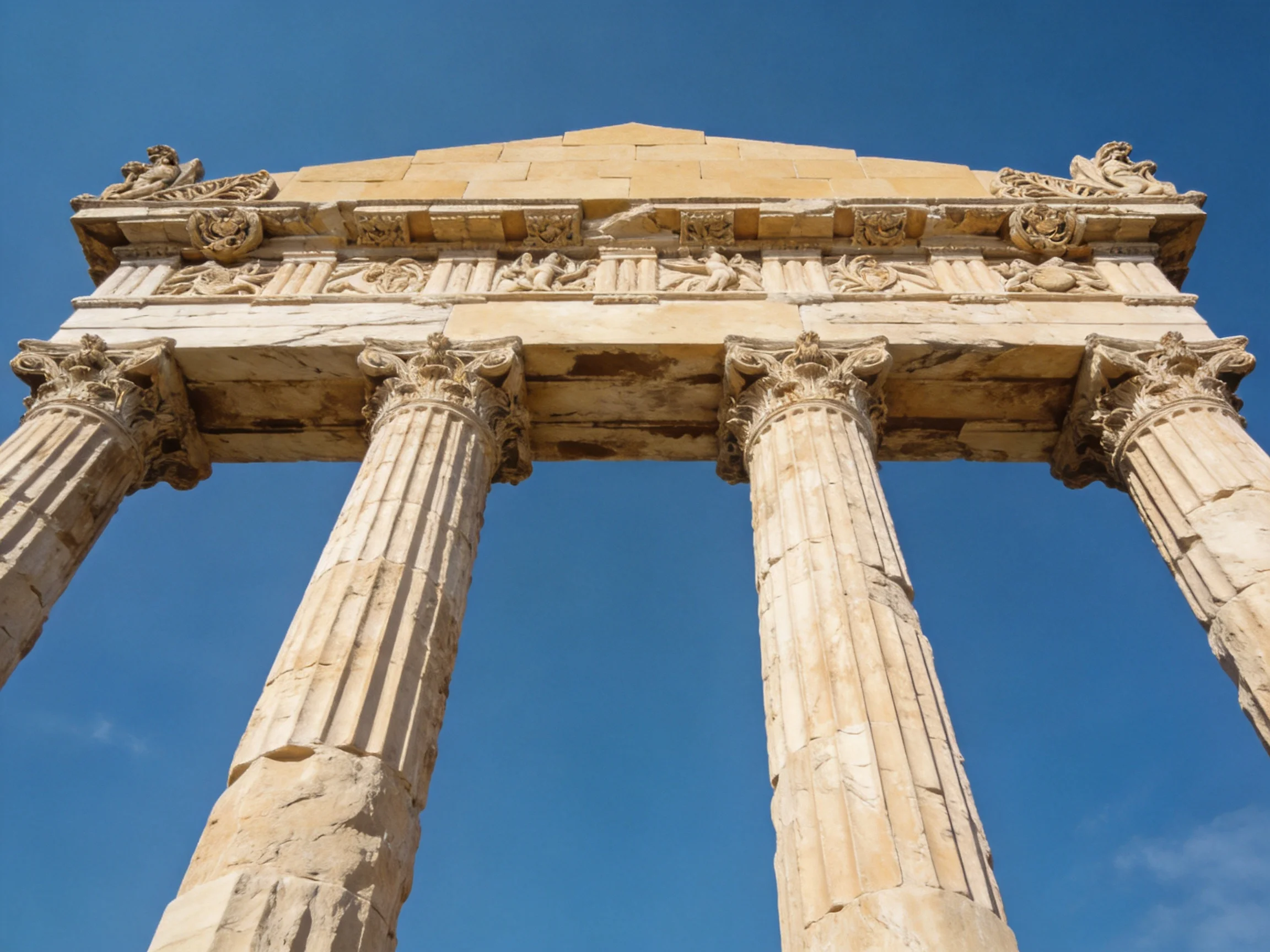 Ancient Stone Temple with Ornate Columns and Carved Entablature