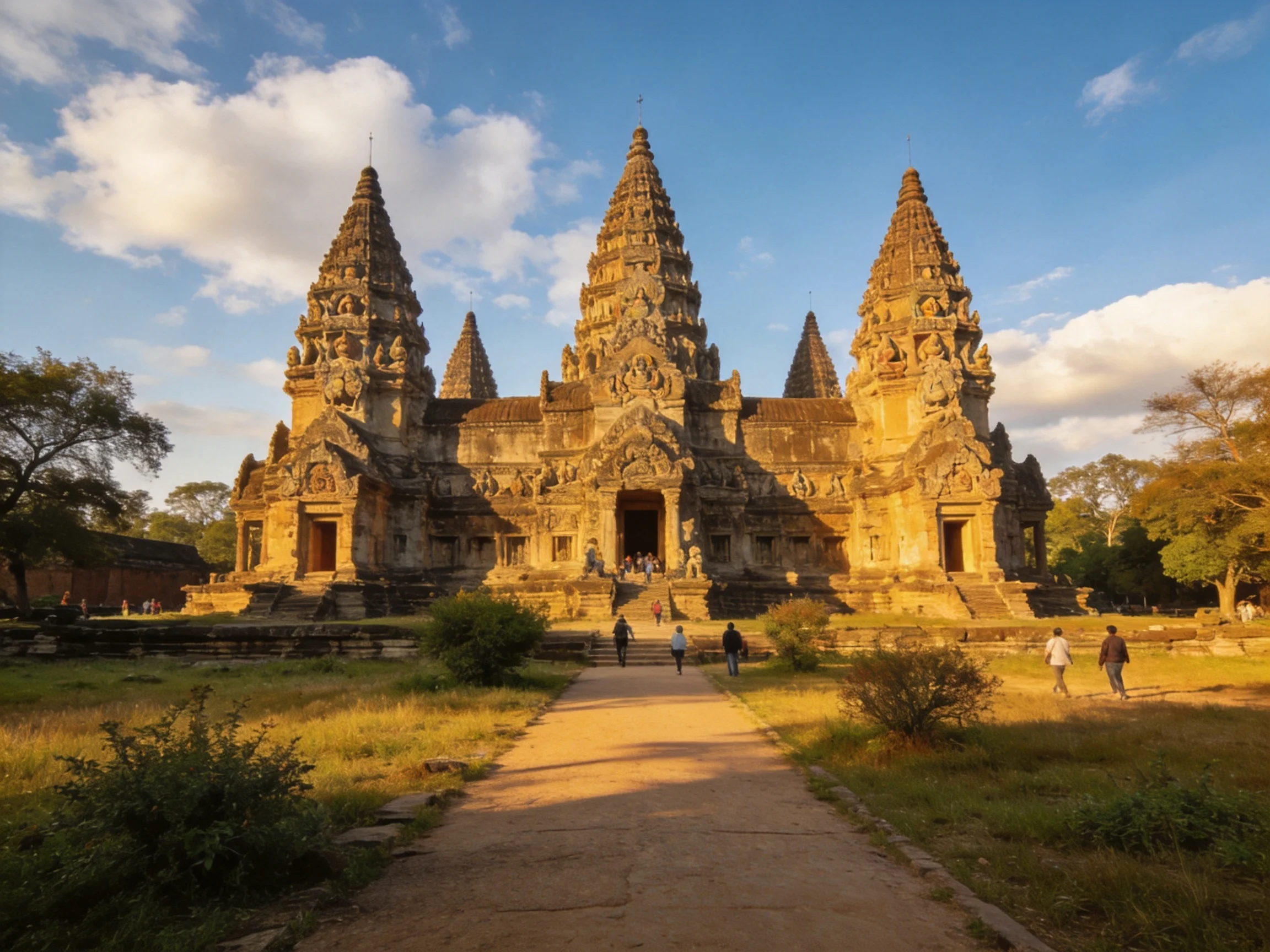 Ancient Stone Temple with Three Ornate Towers Under Warm Sunset Light