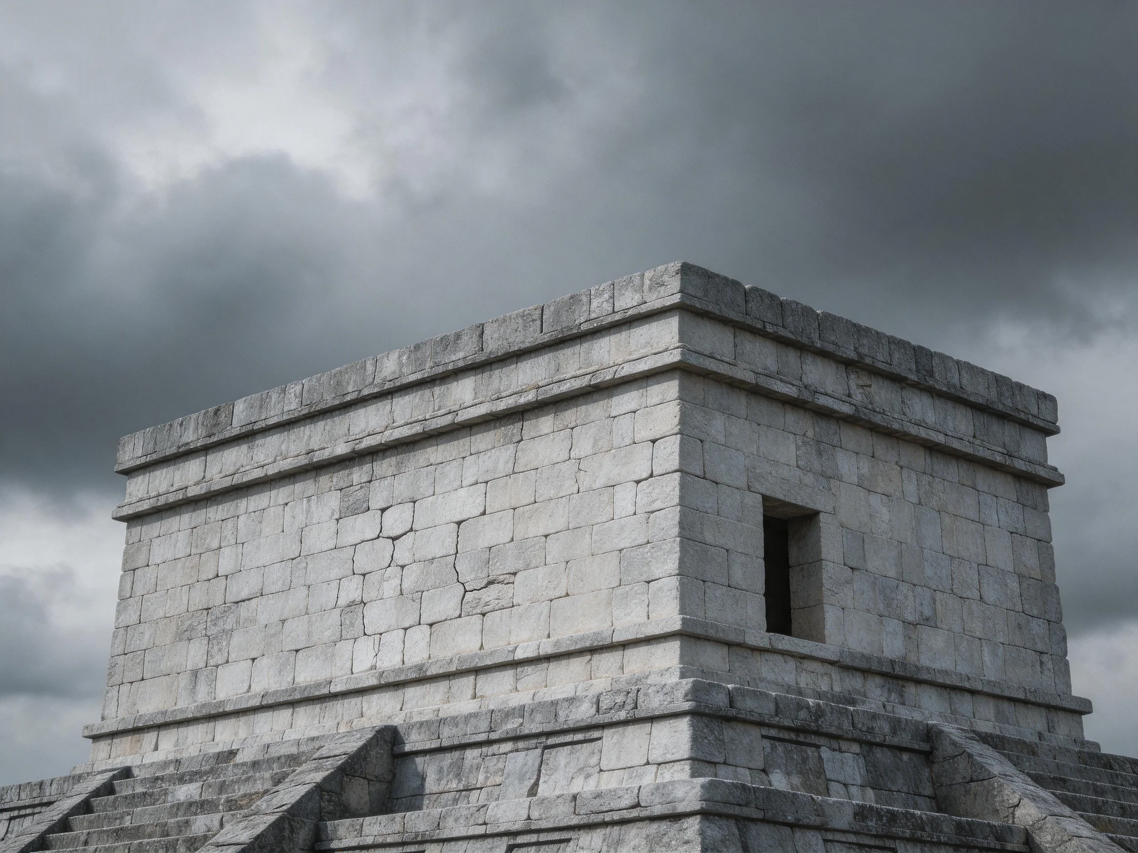Ancient Stone Temple with Weathered Gray Walls Under Dark Stormy Sky