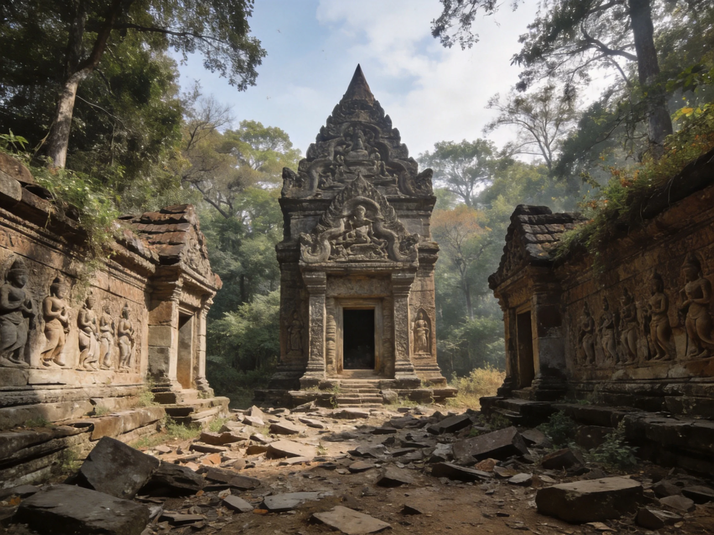 Ancient Stone Temples Surrounded by Lush Greenery