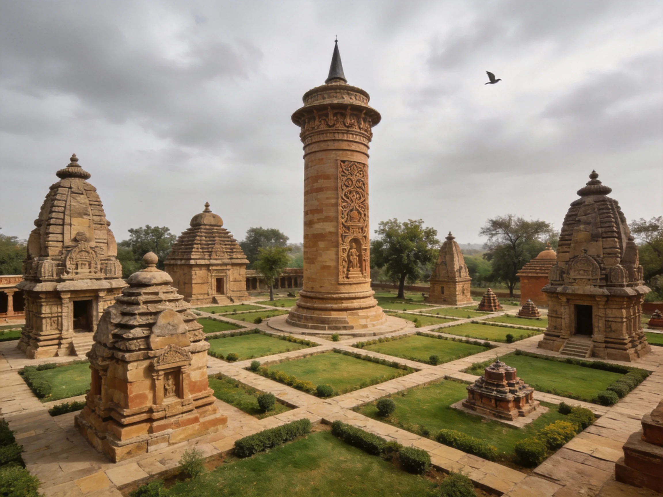 Ancient Stone Temples and Tower Amidst Manicured Gardens