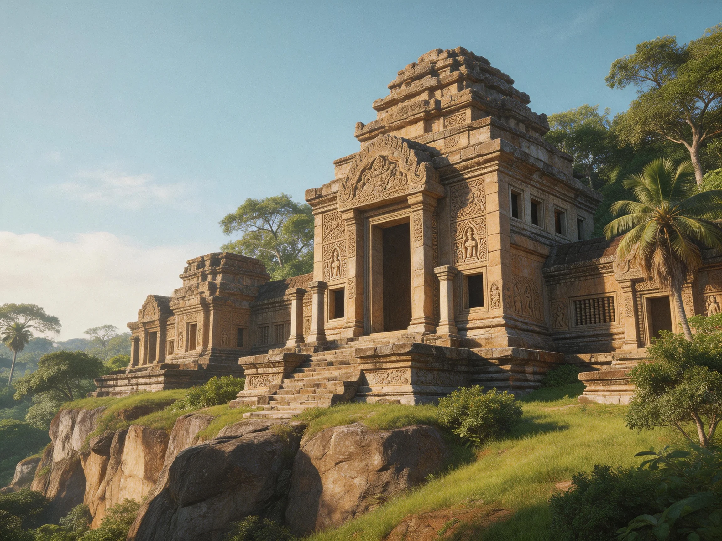 Ancient Stone Temples on a Rocky Cliffside Amid Lush Greenery