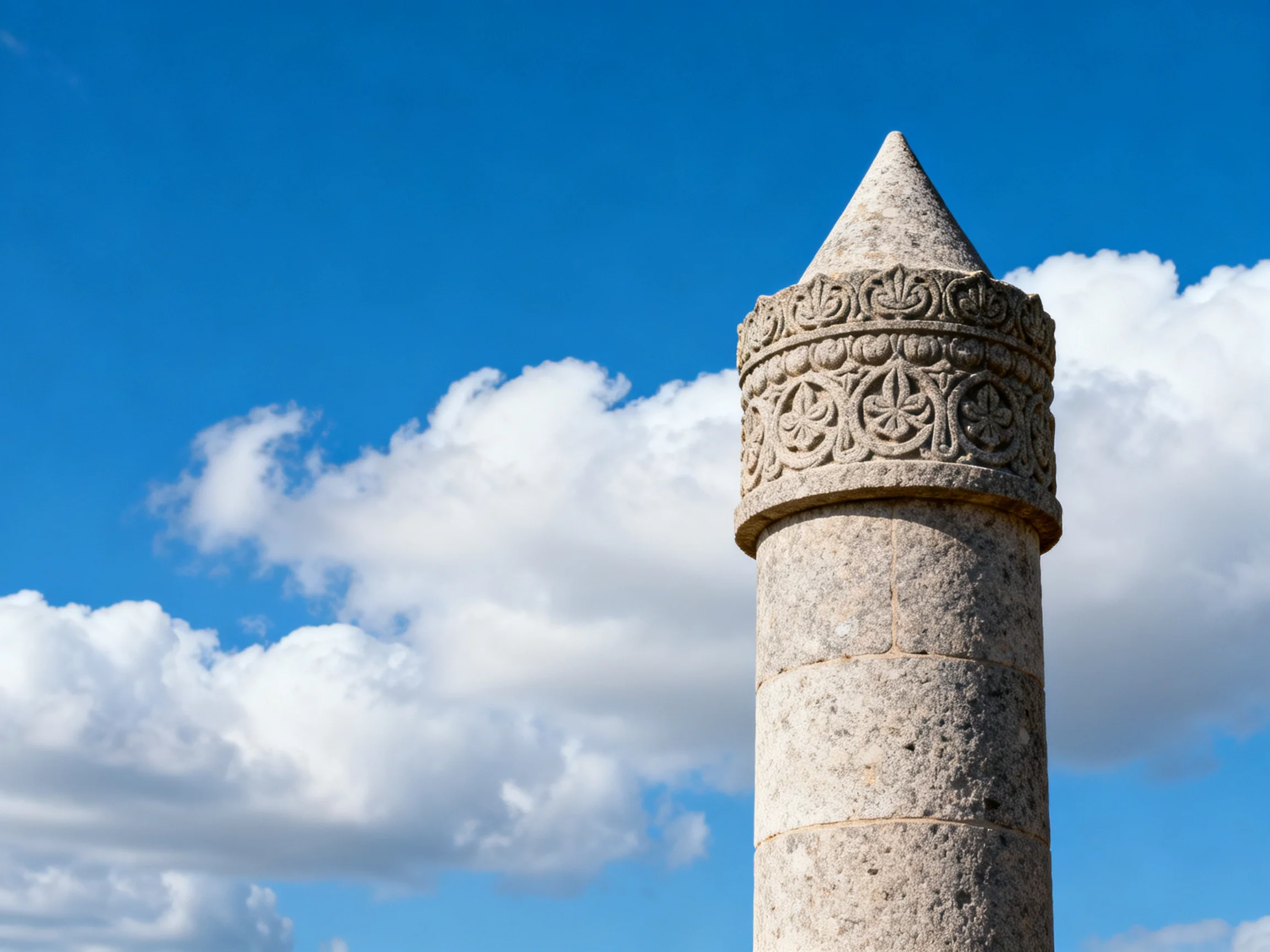 Ancient Stone Tower with Ornate Carvings Under Bright Blue Sky