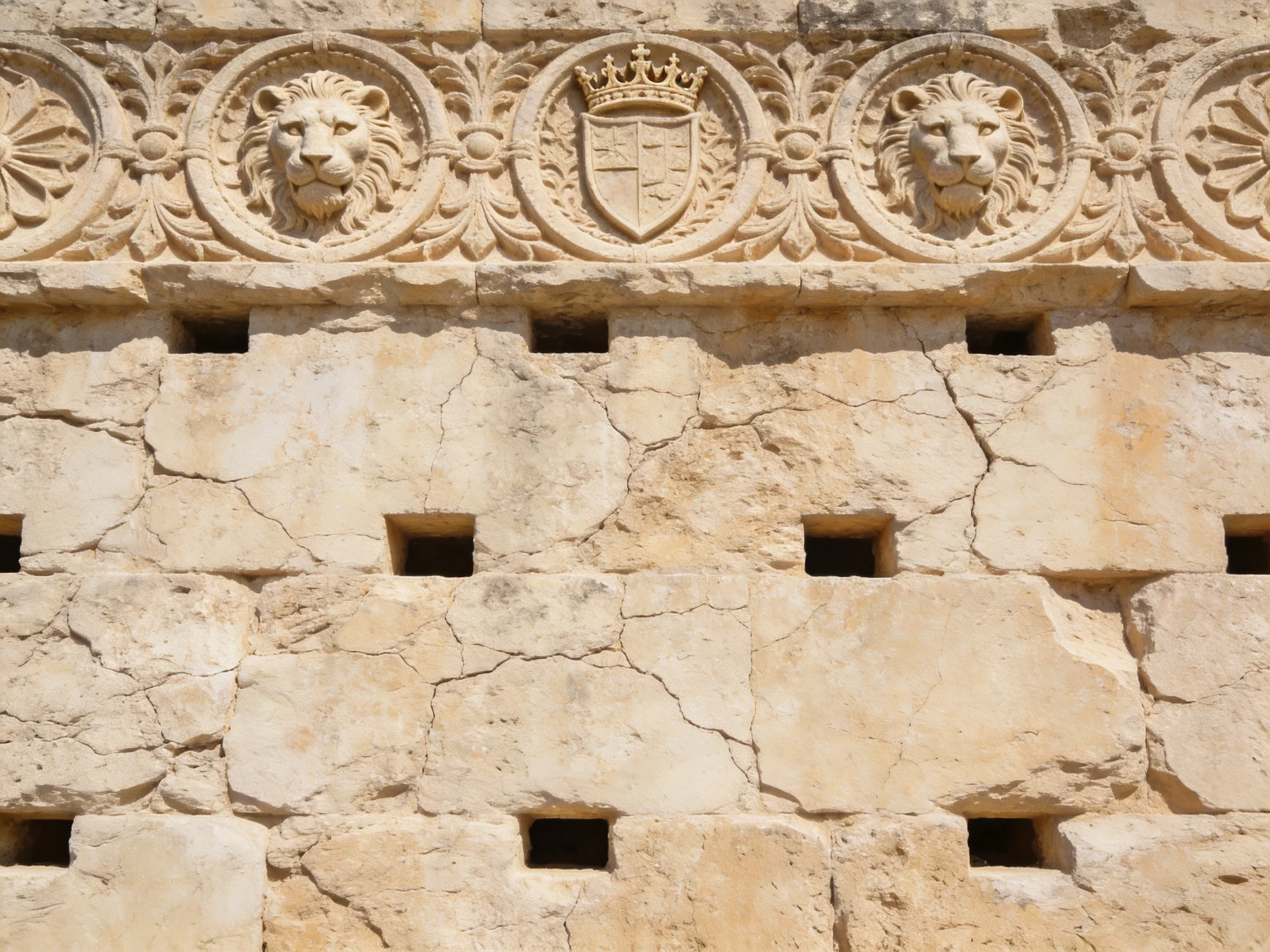 Ancient Stone Wall with Carved Lions and Heraldic Shield