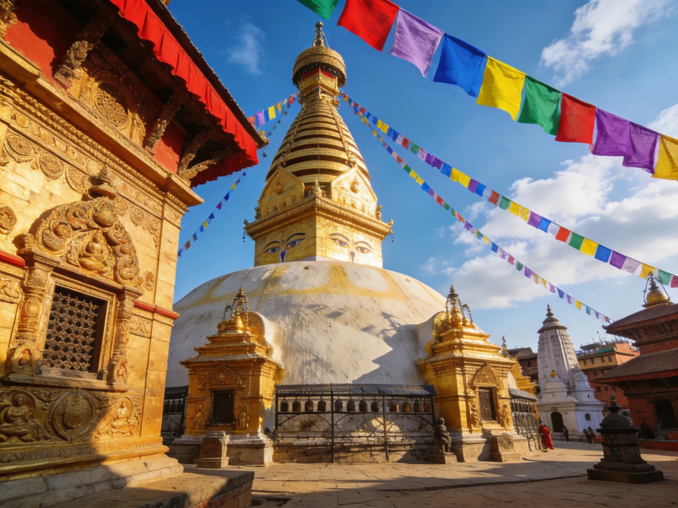 Ancient Temple Complex with Golden Stupa and Vibrant Prayer Flags