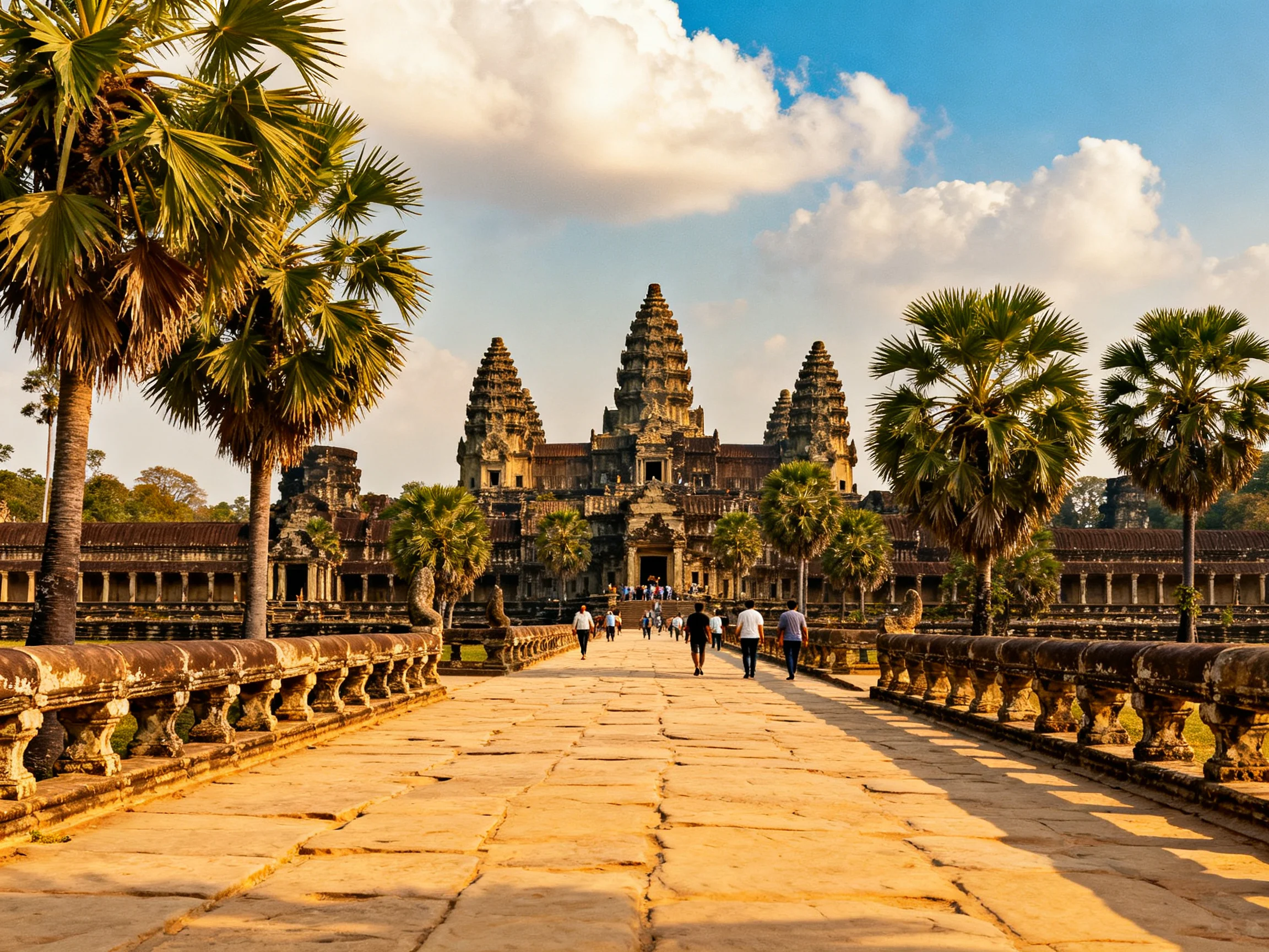 Ancient Temple Complex with Stone Pathway and Palm Trees Under Bright Sky