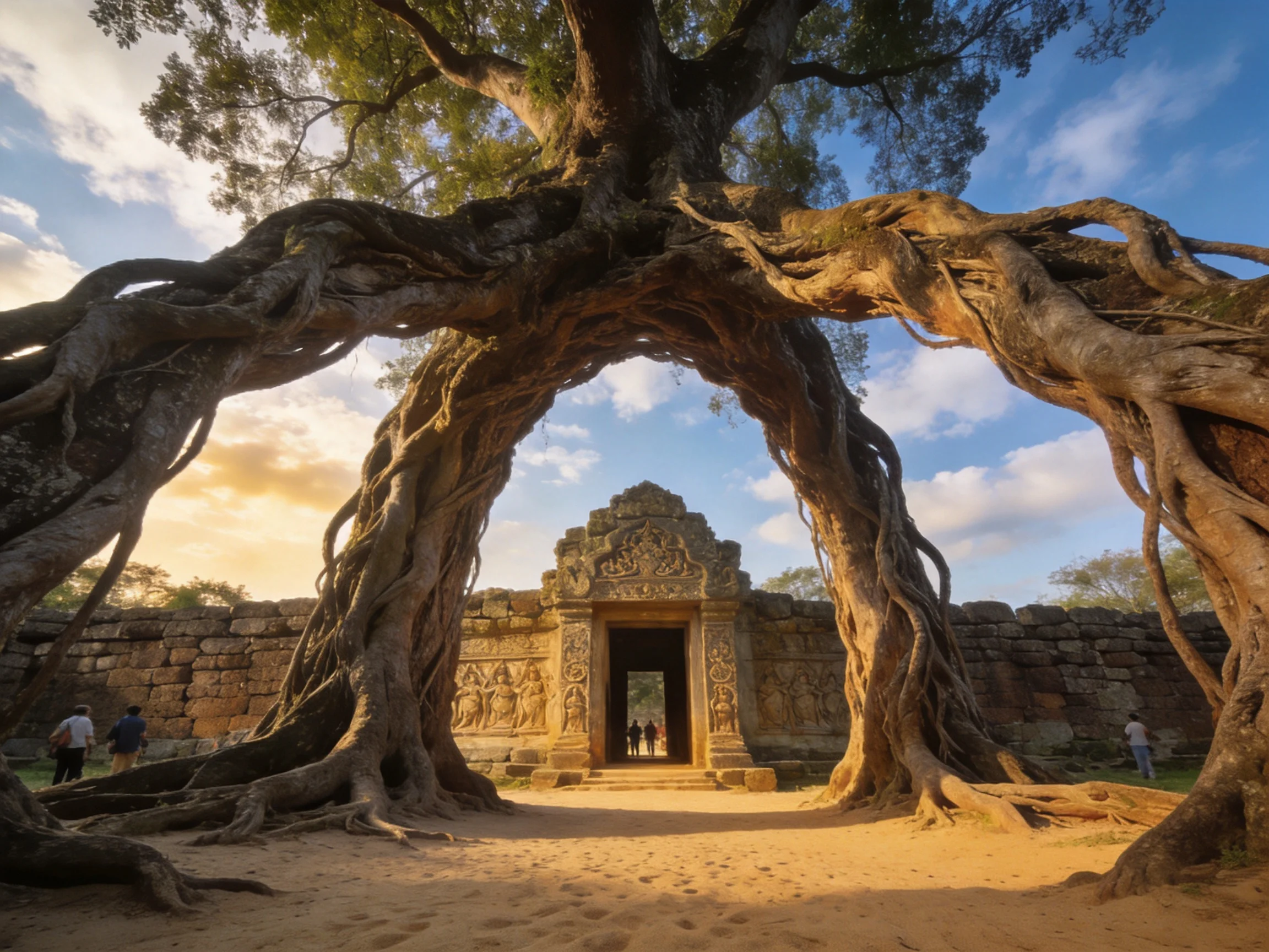 Ancient Temple Enclosed by Giant Tree Root Arch
