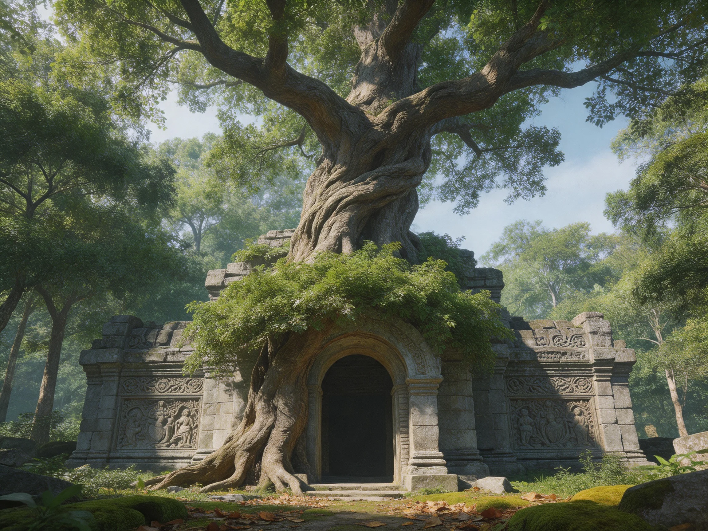 Ancient Temple Encompassed by Giant Ancient Tree