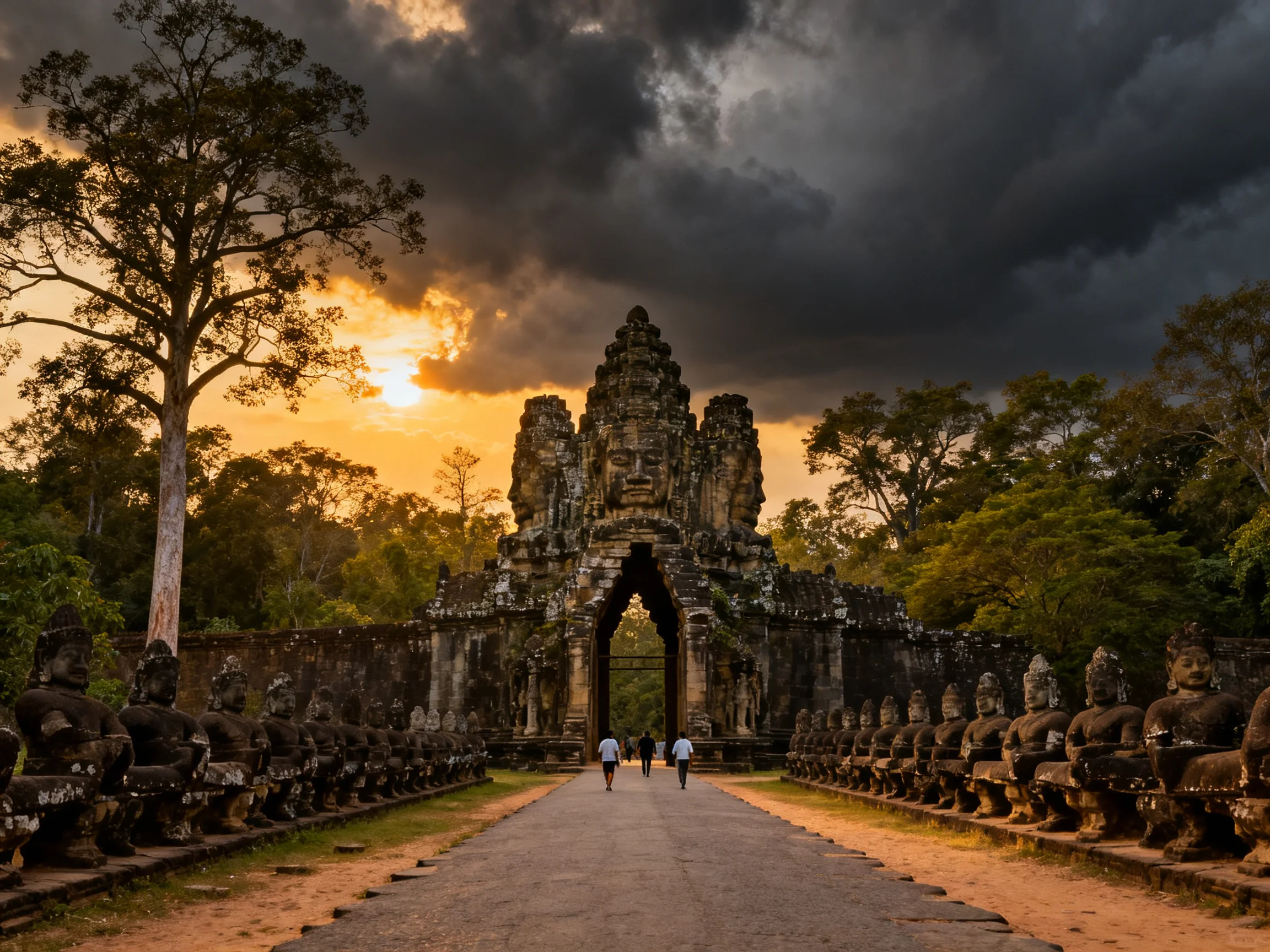 Ancient Temple Gate with Stone Statues Under Dramatic Sunset Sky