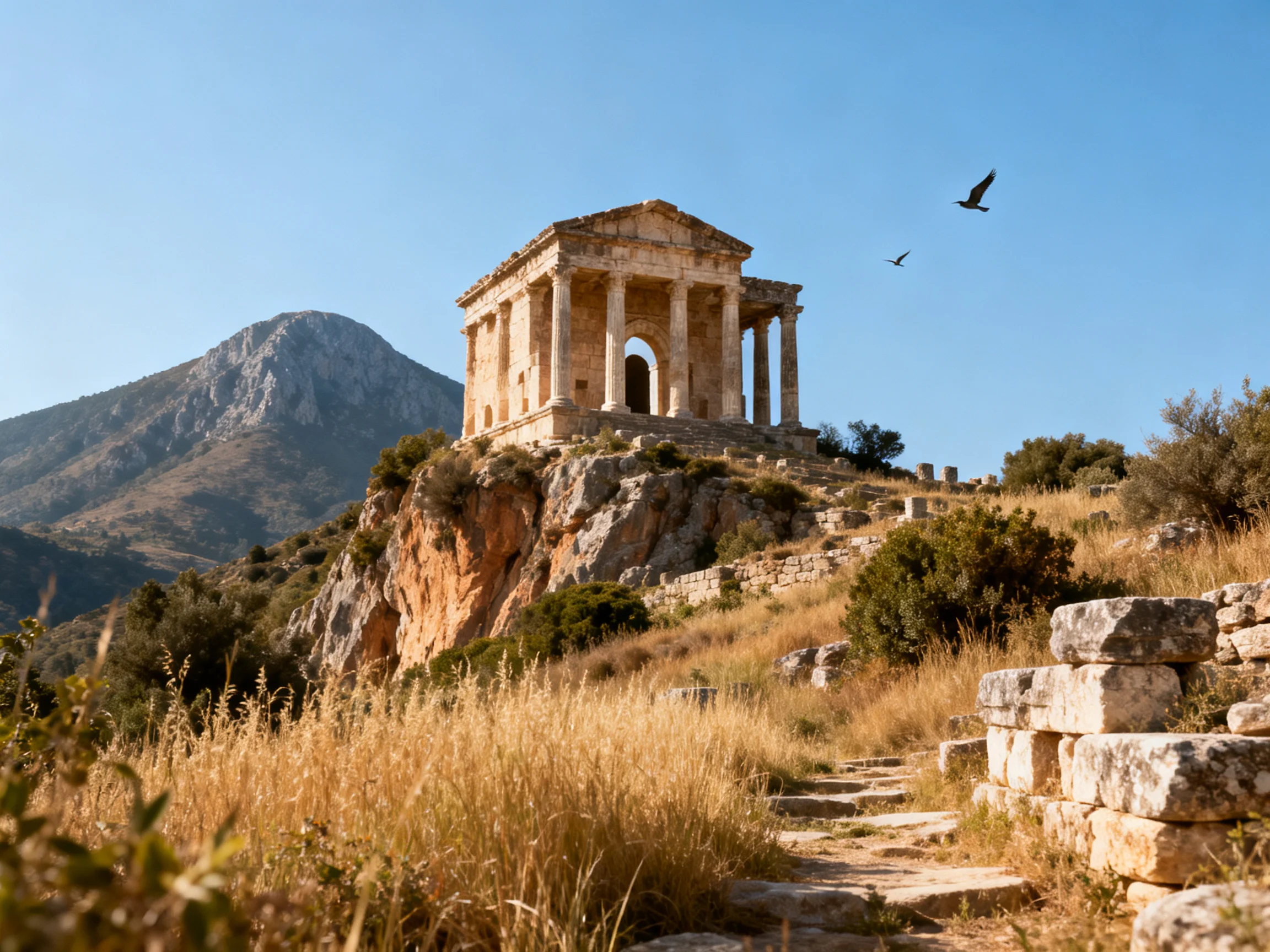 Ancient Temple Perched on a Rocky Hillside Under Clear Blue Sky