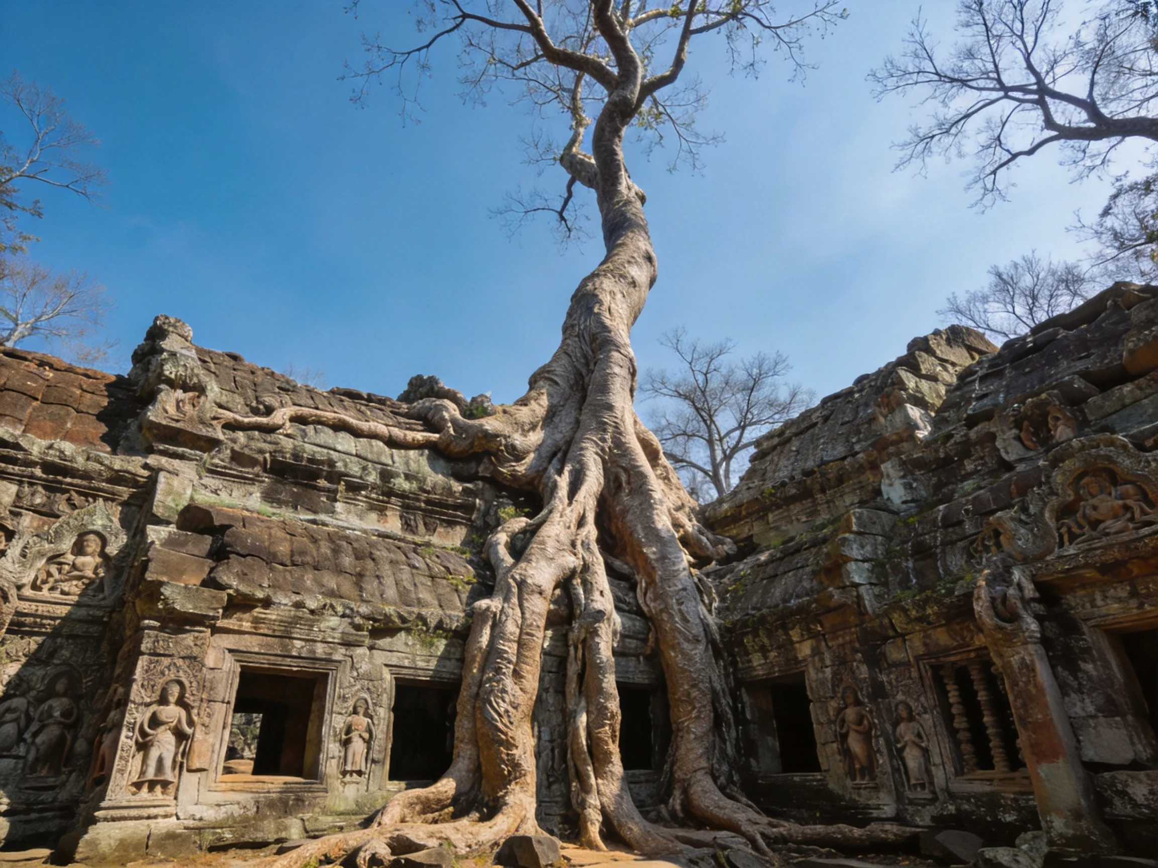 Ancient Temple Ruins Overrun by Massive Tree Roots Under Clear Blue Sky