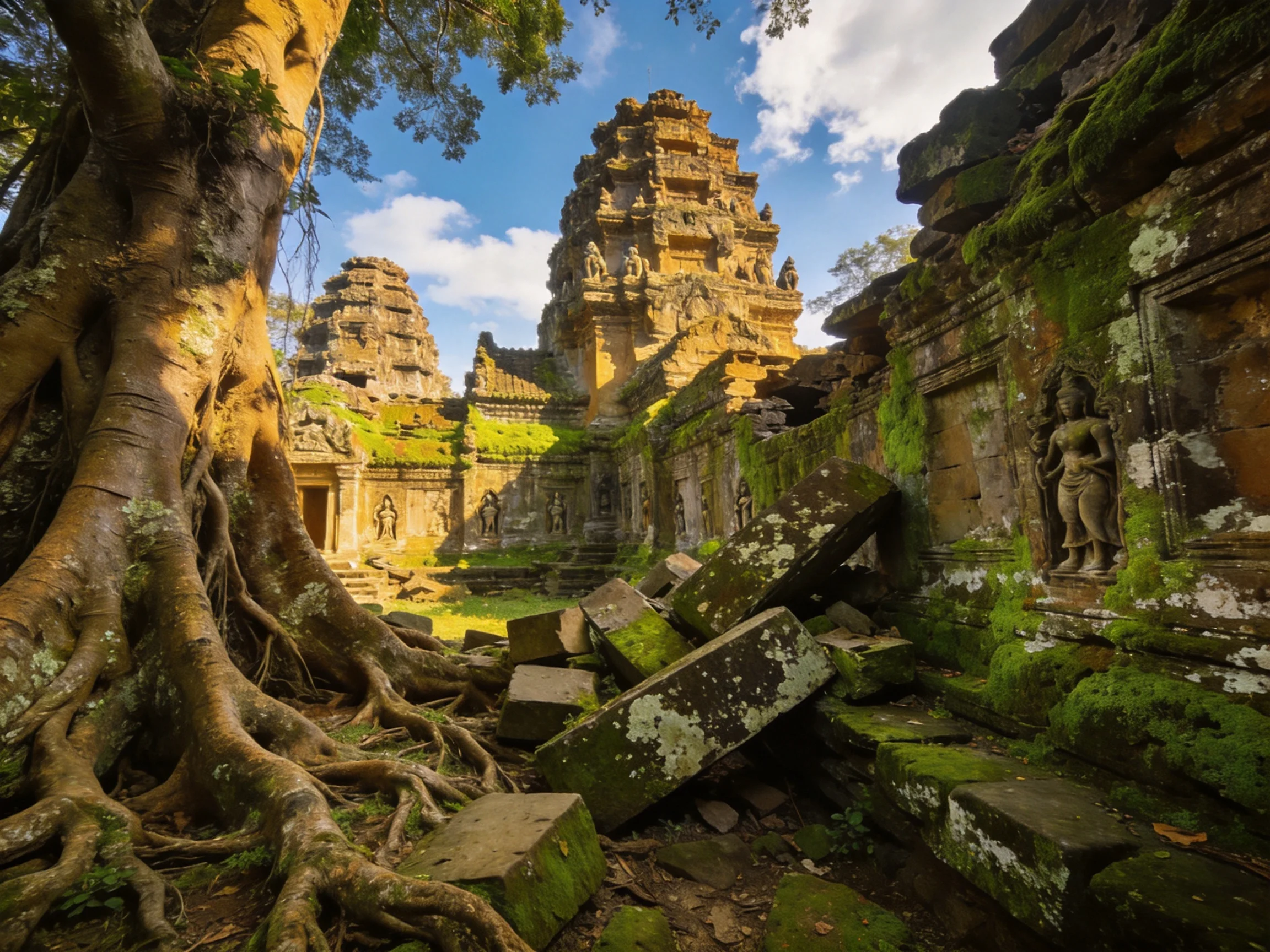 Ancient Temple Ruins Overrun by Moss and Giant Tree Roots