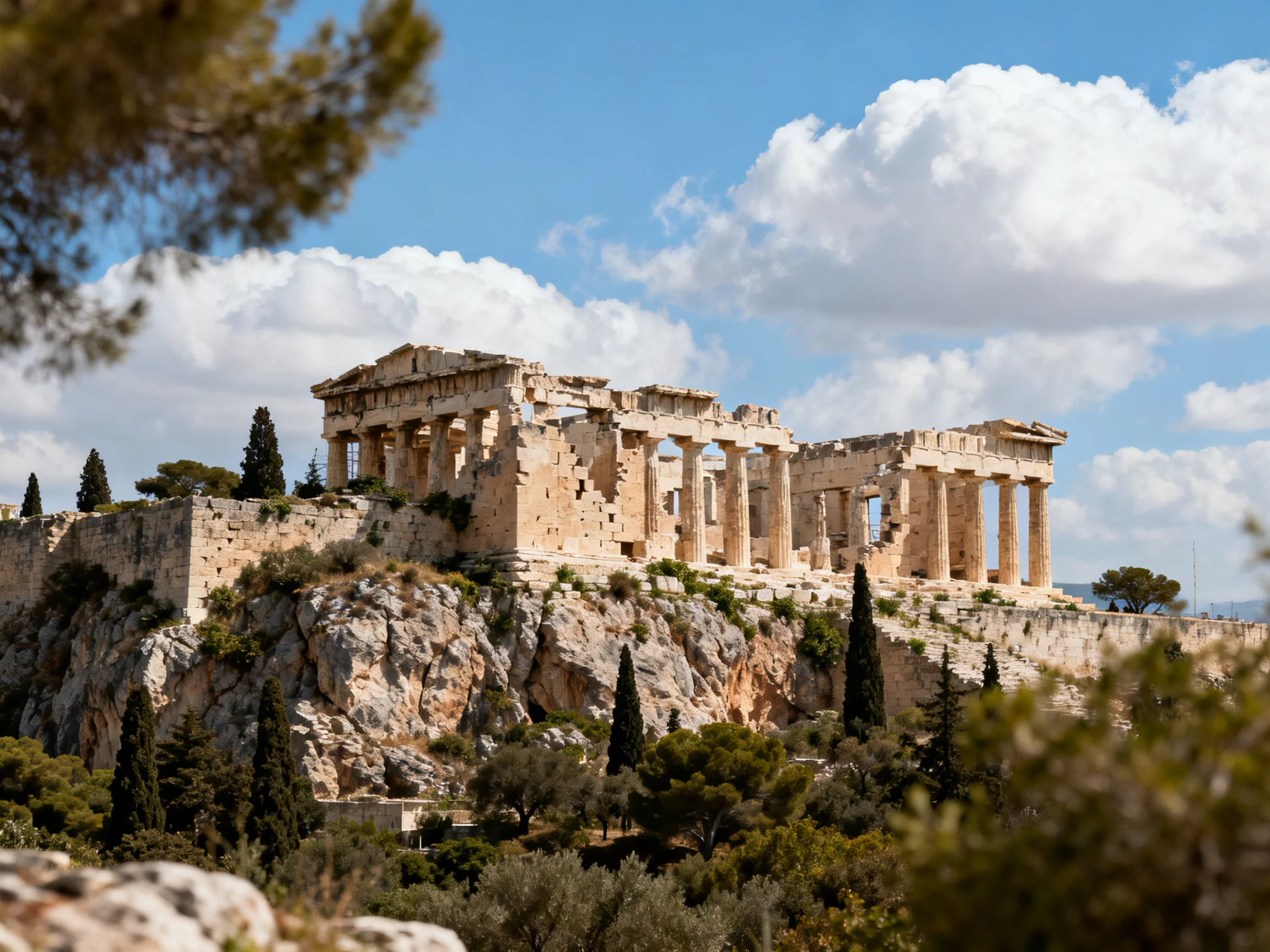 Ancient Temple Ruins on a Rocky Hilltop Under Bright Blue Sky