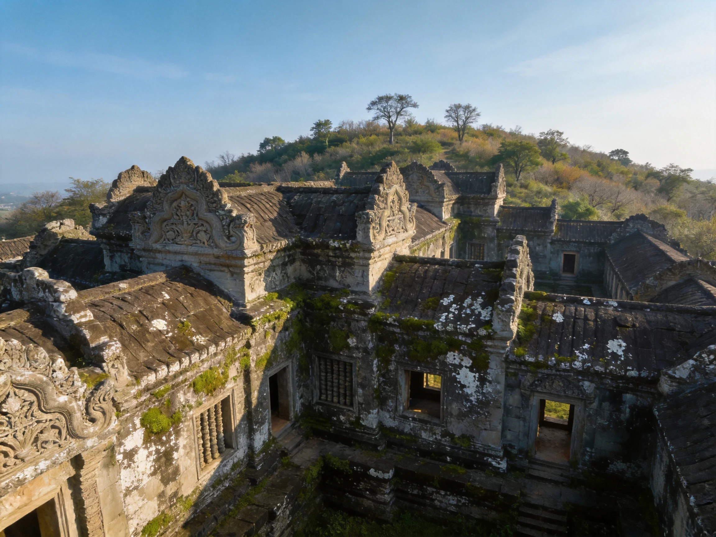 Ancient Temple Ruins with Carved Stone and Moss-Covered Roofs