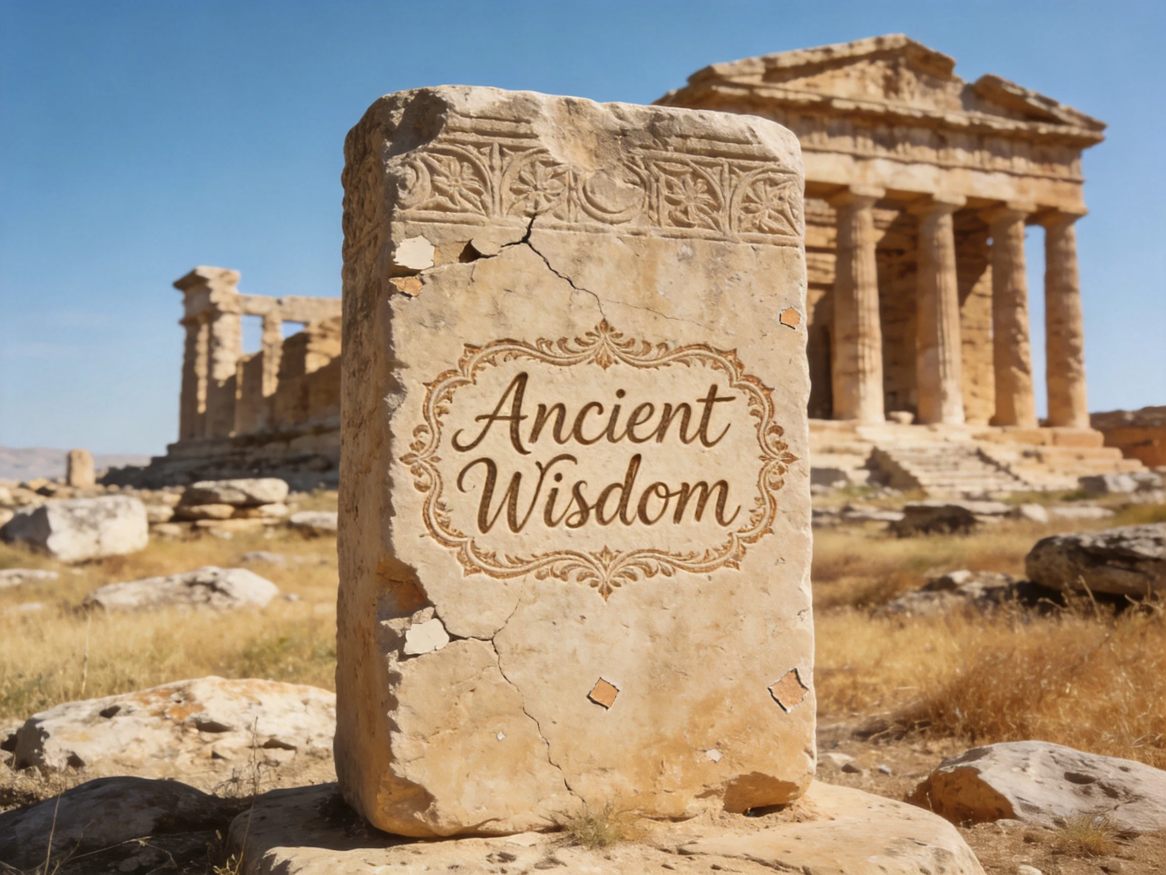 Ancient Temple Ruins with Inscribed Stone Tablet