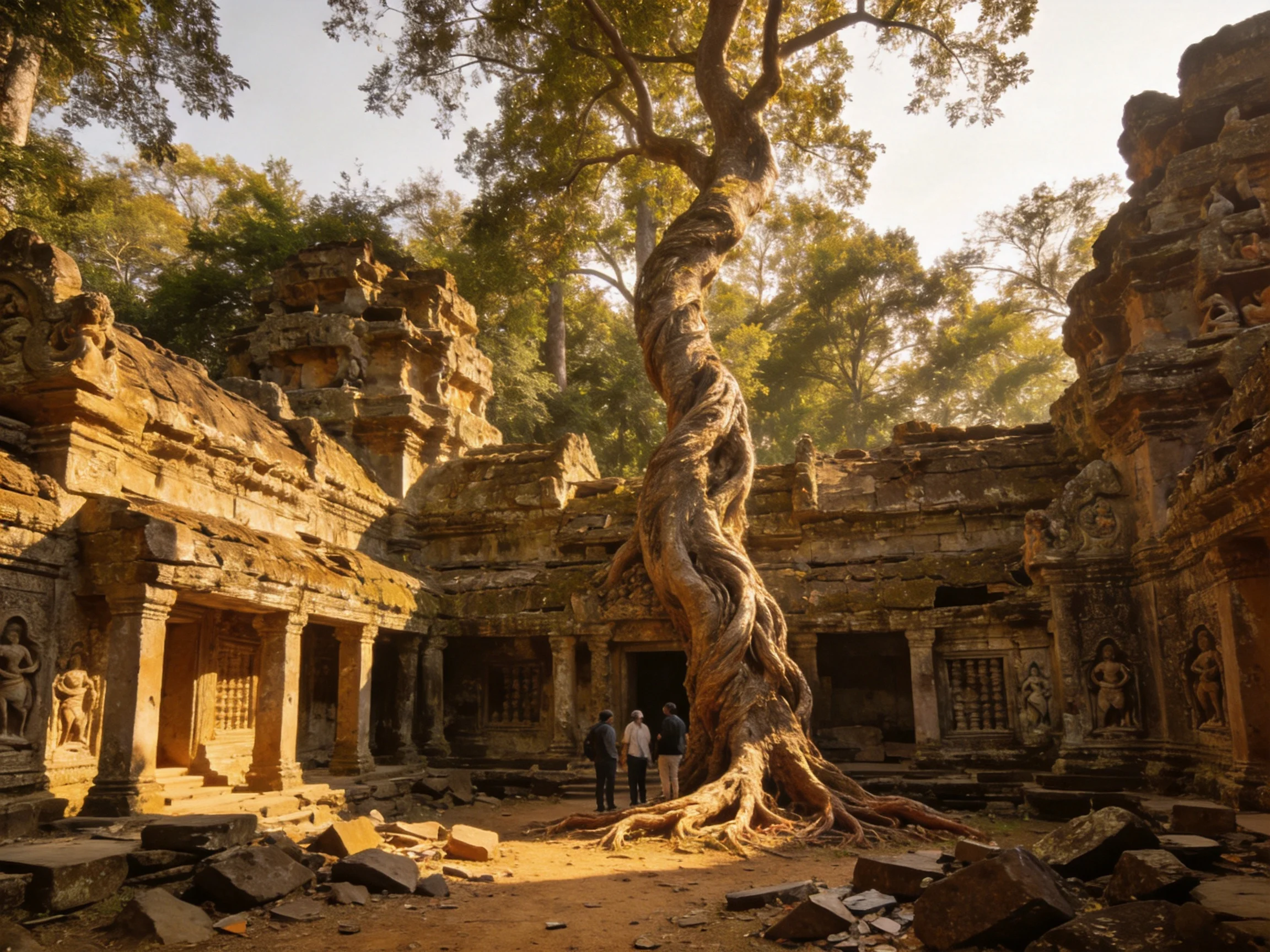 Ancient Temple Ruins with Massive Tree and Tourists