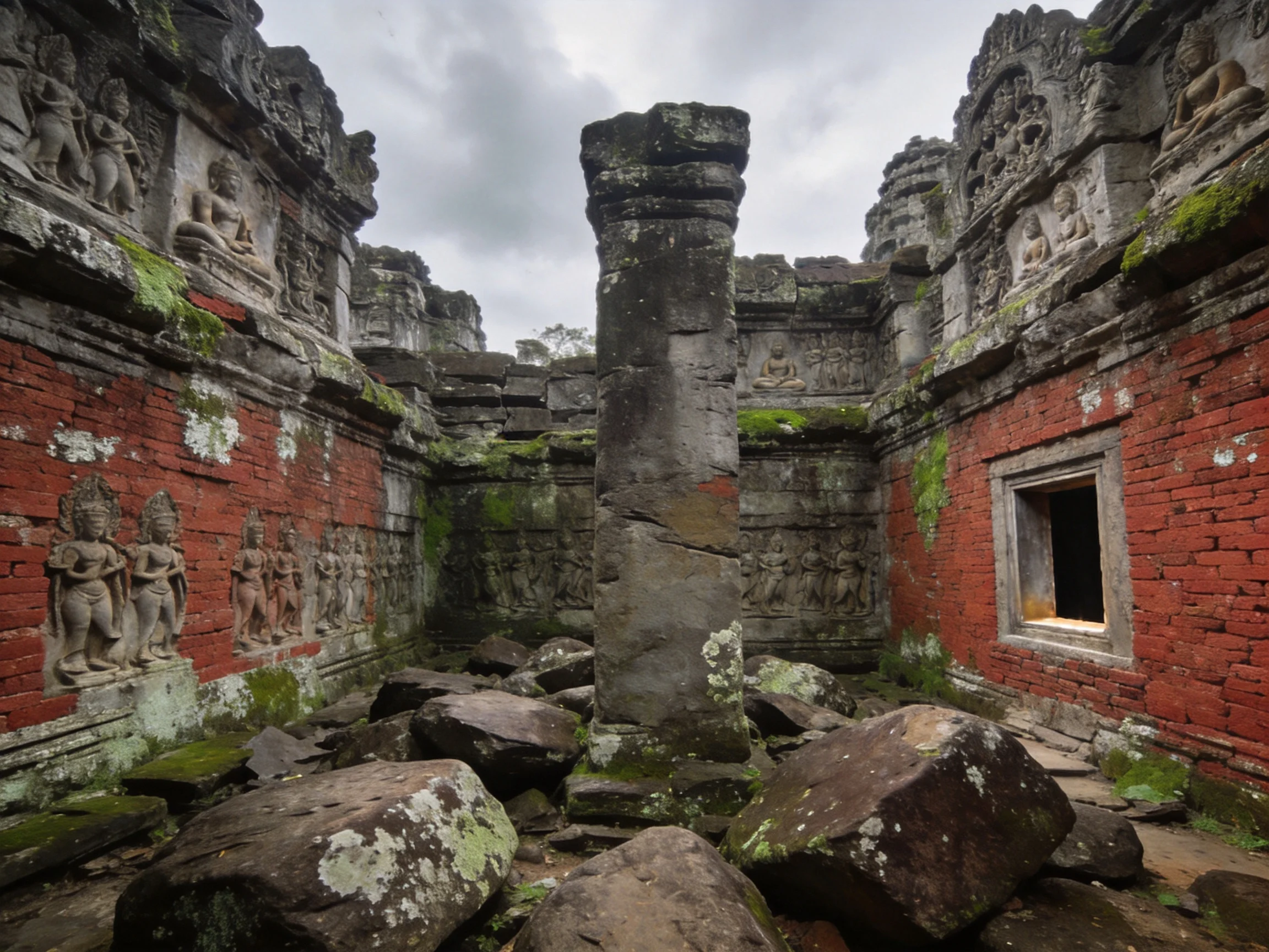 Ancient Temple Ruins with Red Brick Walls and Stone Carvings