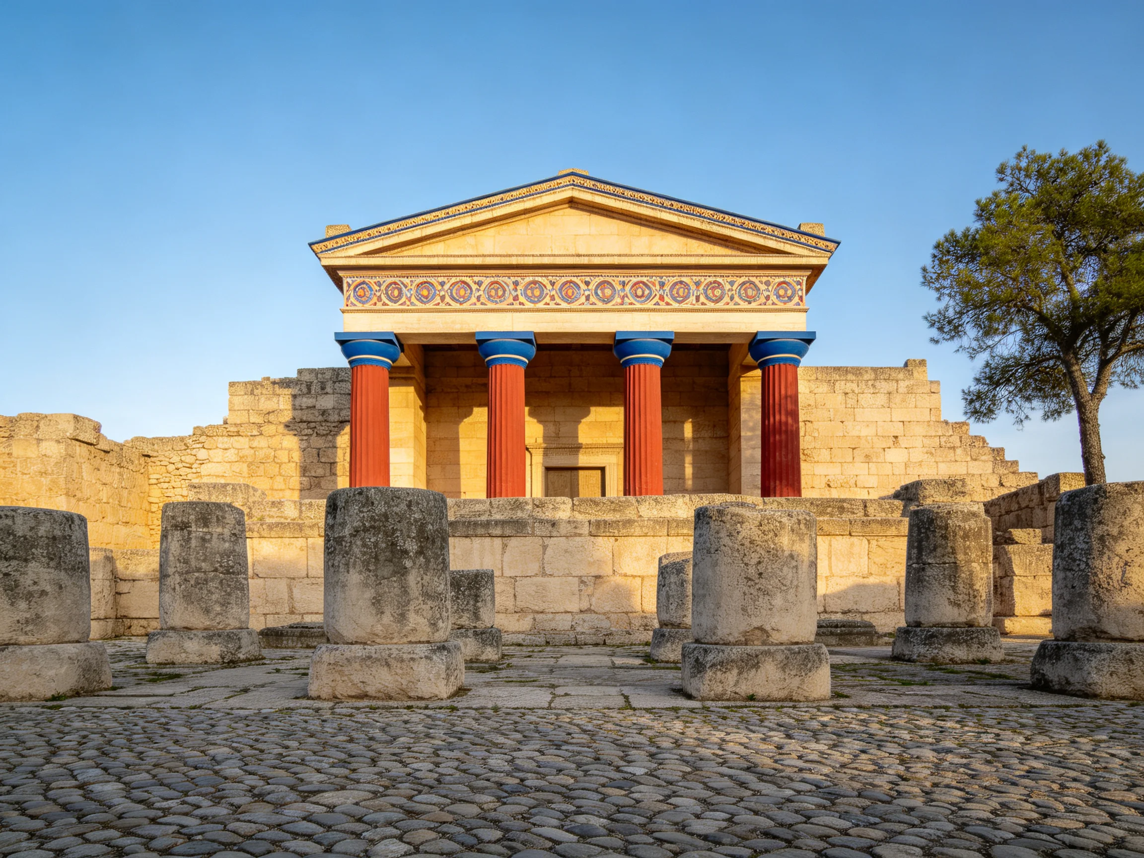 Ancient Temple Ruins with Red Columns and Stone Pillars