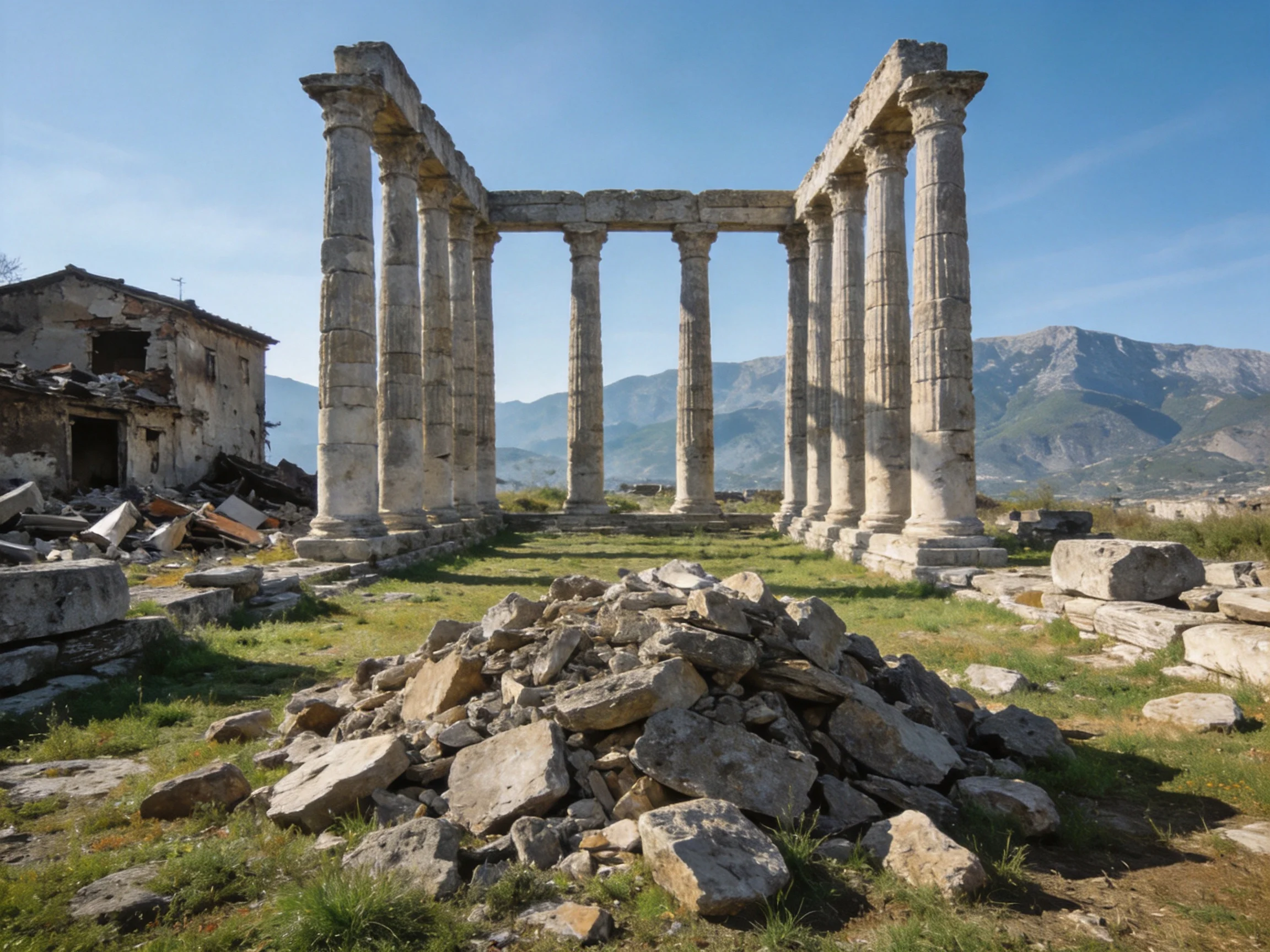 Ancient Temple Ruins with Tall Stone Columns Near Mountains