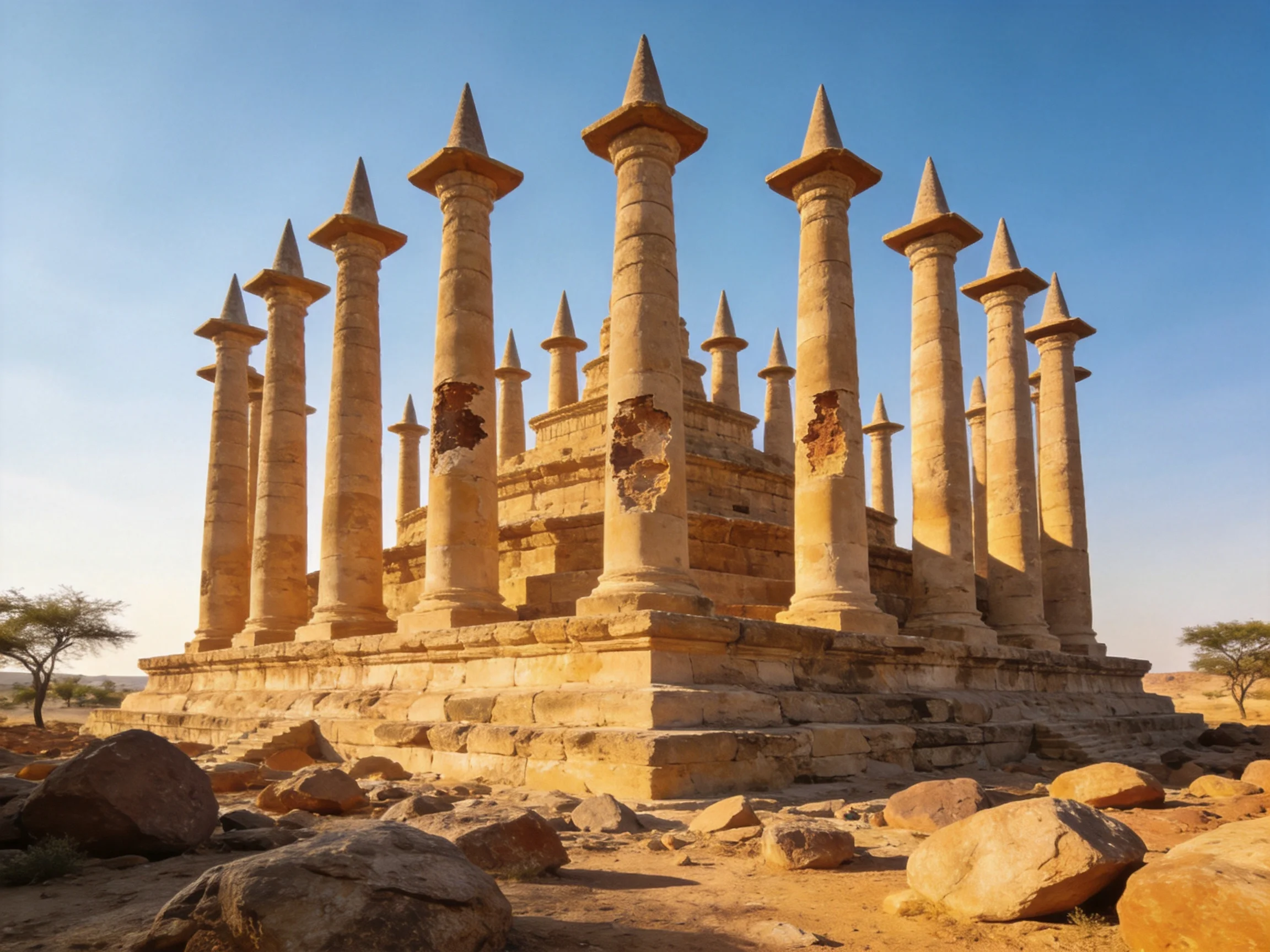 Ancient Temple Ruins with Tall Stone Columns in Arid Desert
