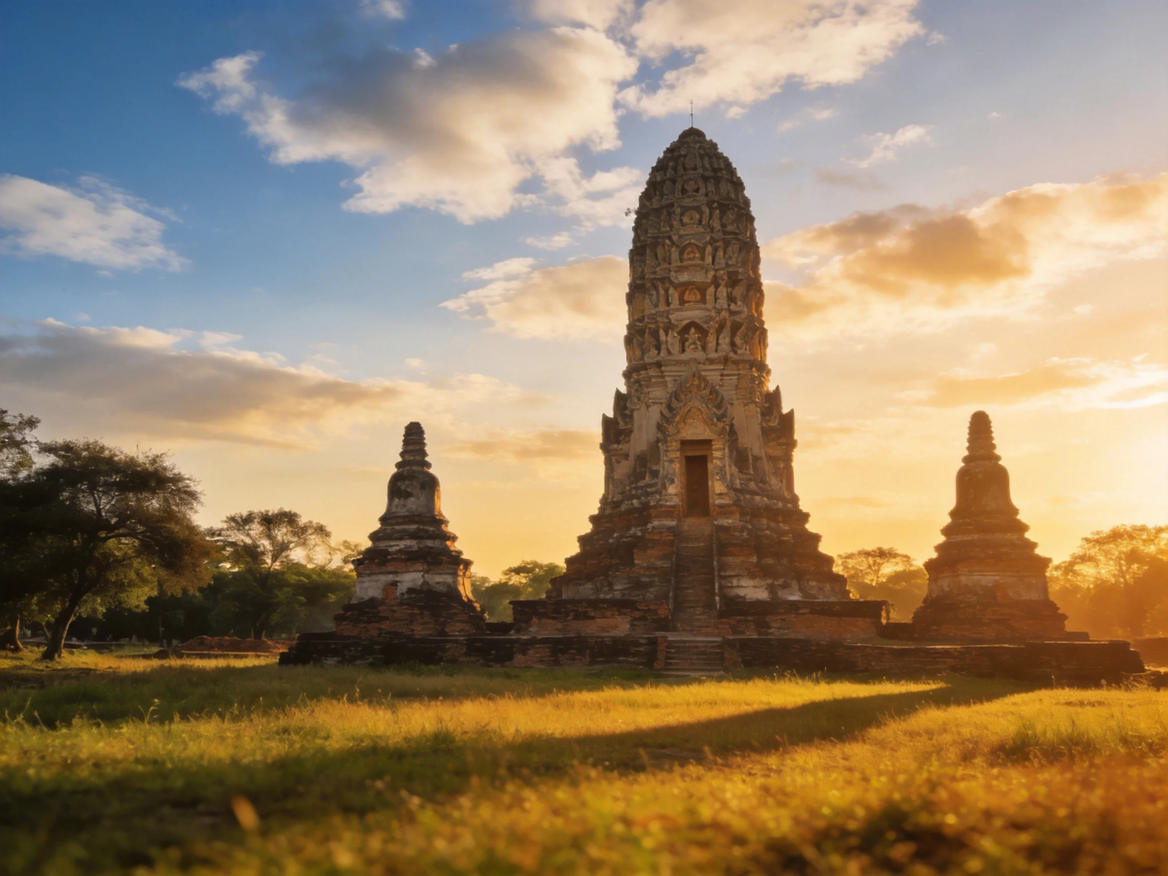 Ancient Temple Ruins with Three Structures Under Golden Sunset