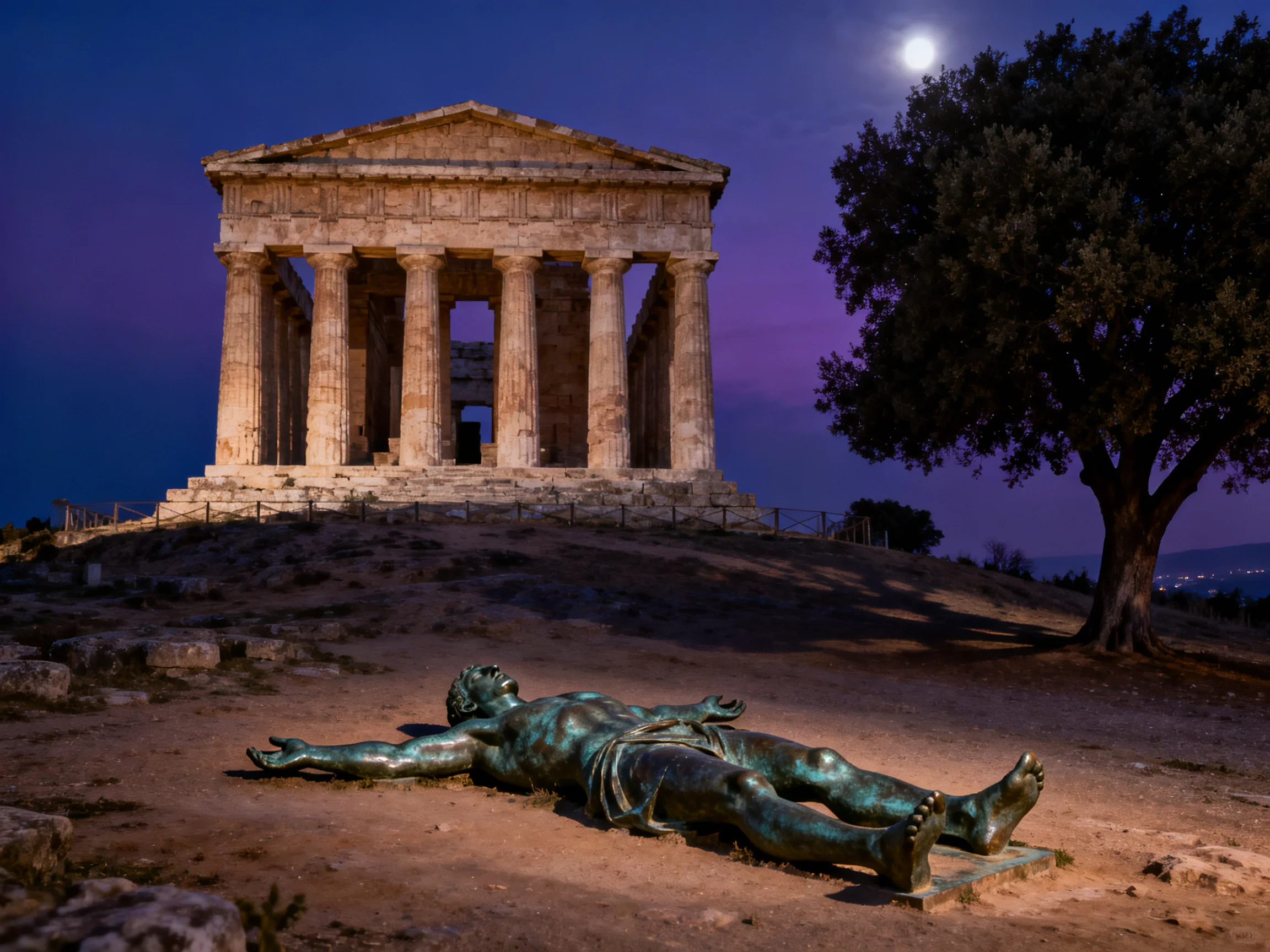 Ancient Temple Under Moonlight with Bronze Statue