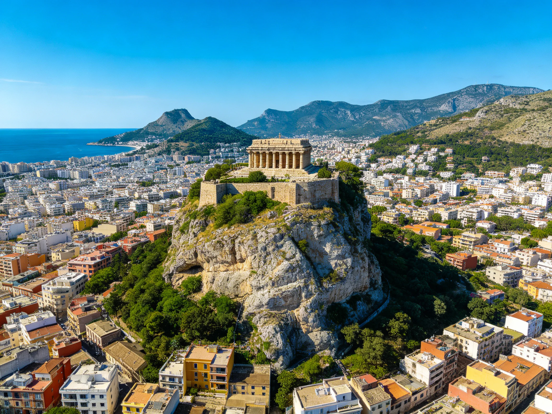 Ancient Temple on Rocky Hill Overlooks Coastal City
