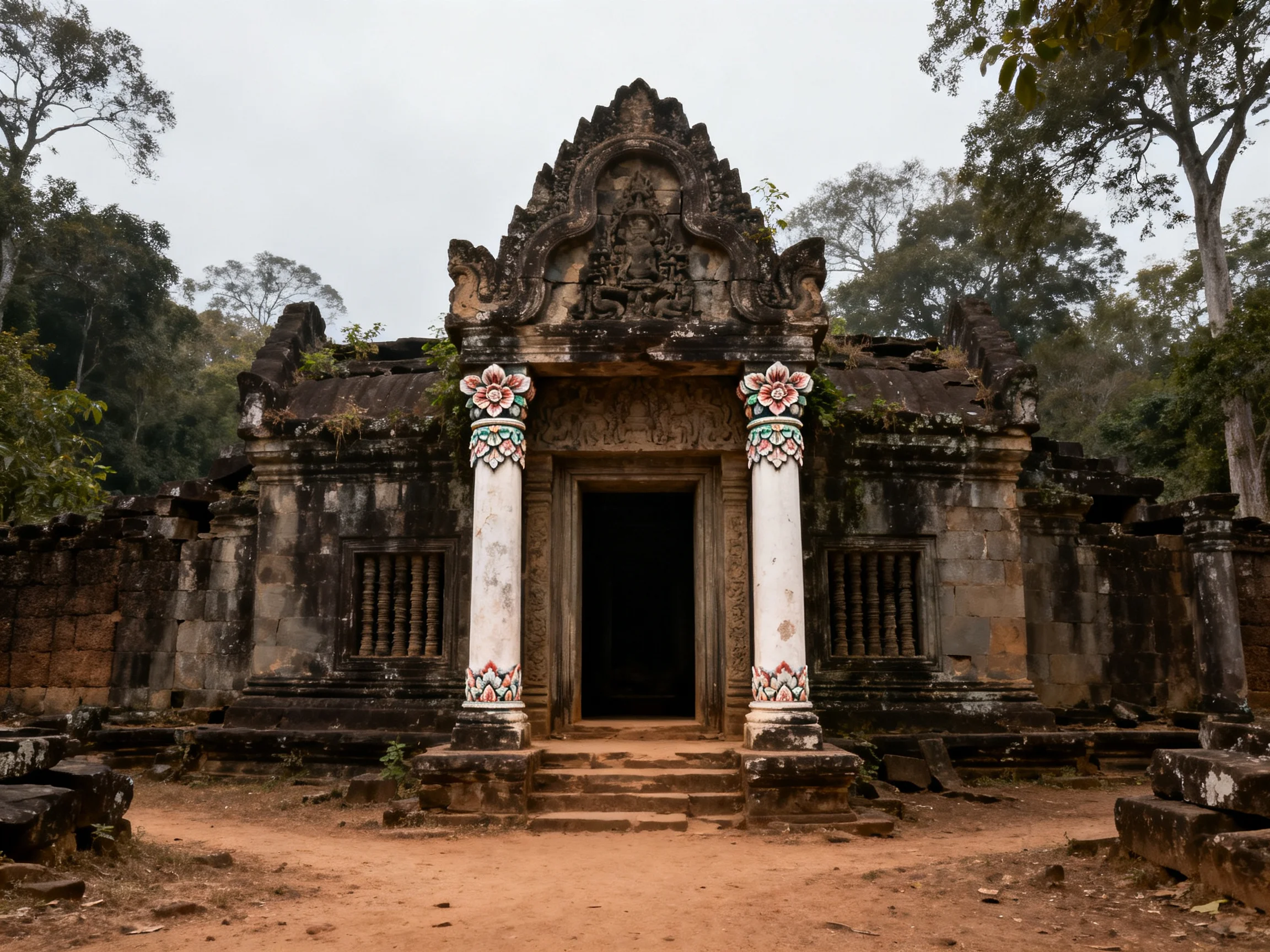 Ancient Temple with Colorful Columns Amidst Dense Forest