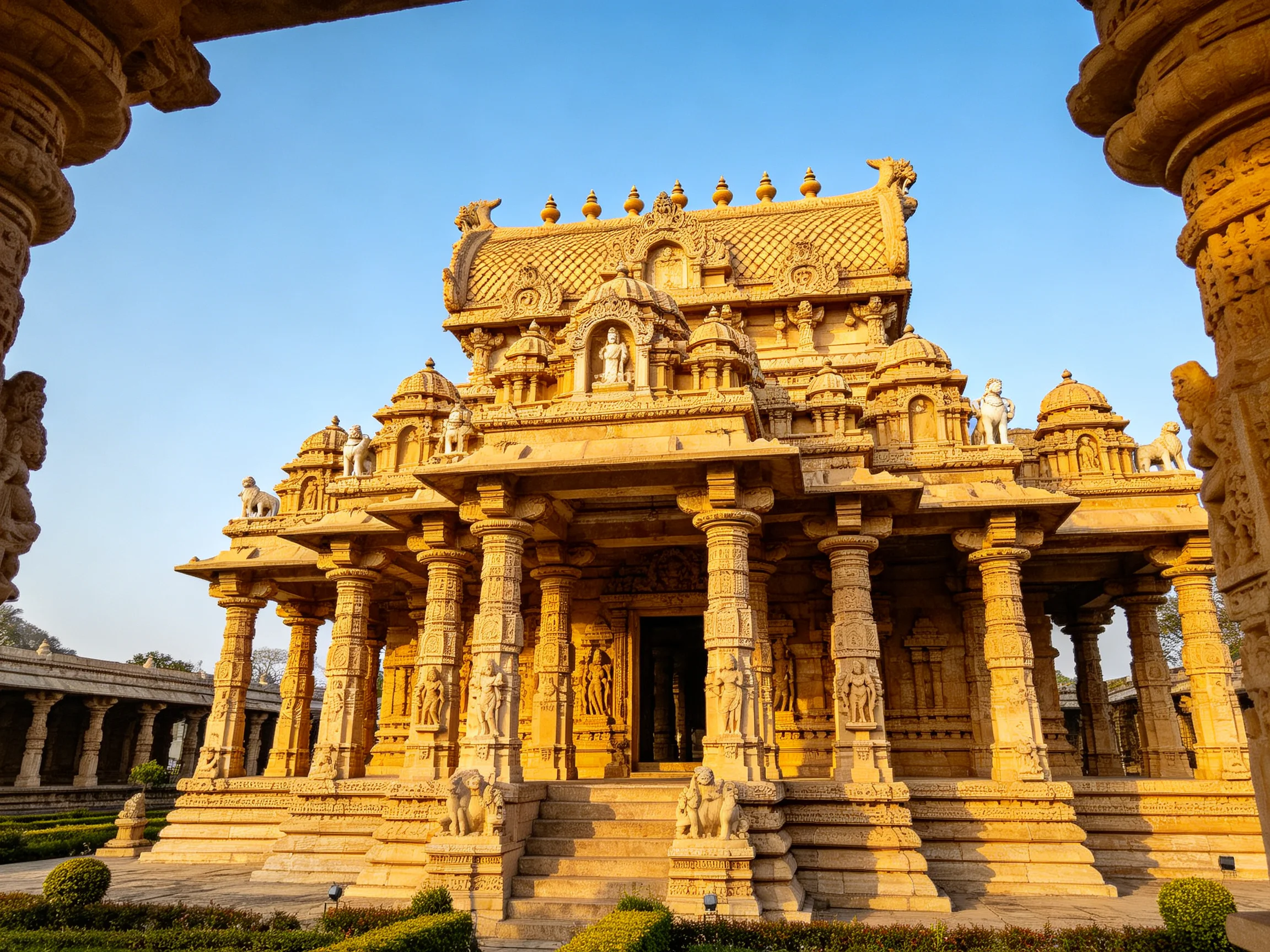 Ancient Temple with Intricate Carvings, Golden Stone, and Tall Columns