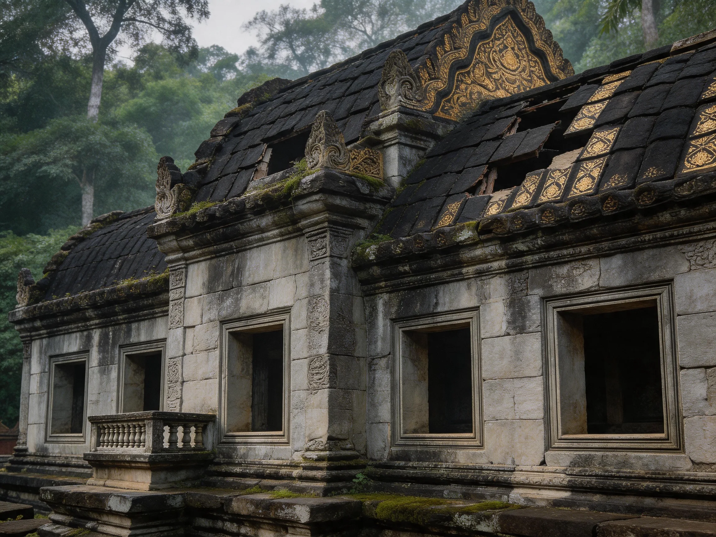 Ancient Temple with Ornate Golden Roof Details in Lush Forest
