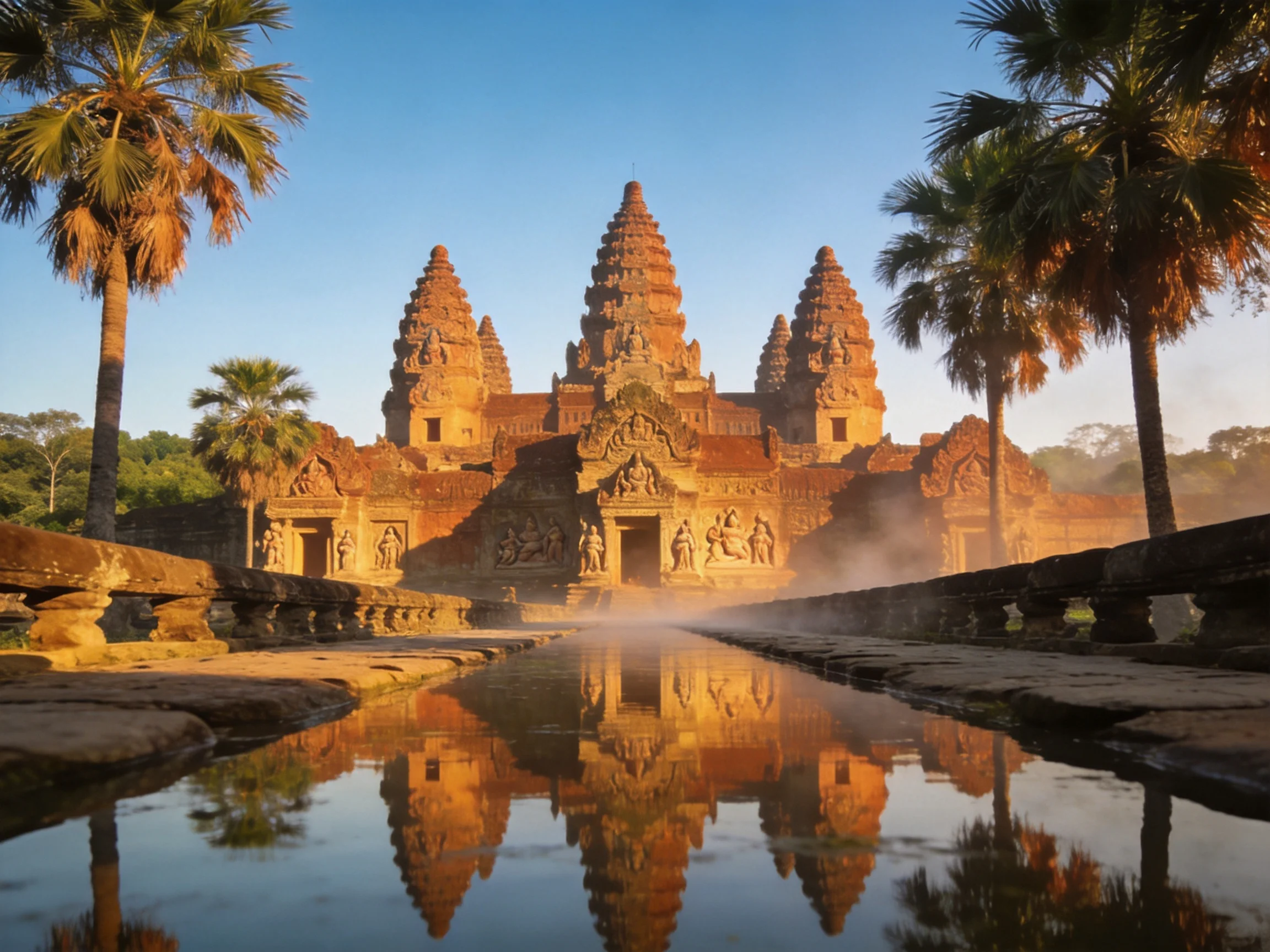 Ancient Temple with Reflections by Palm Trees