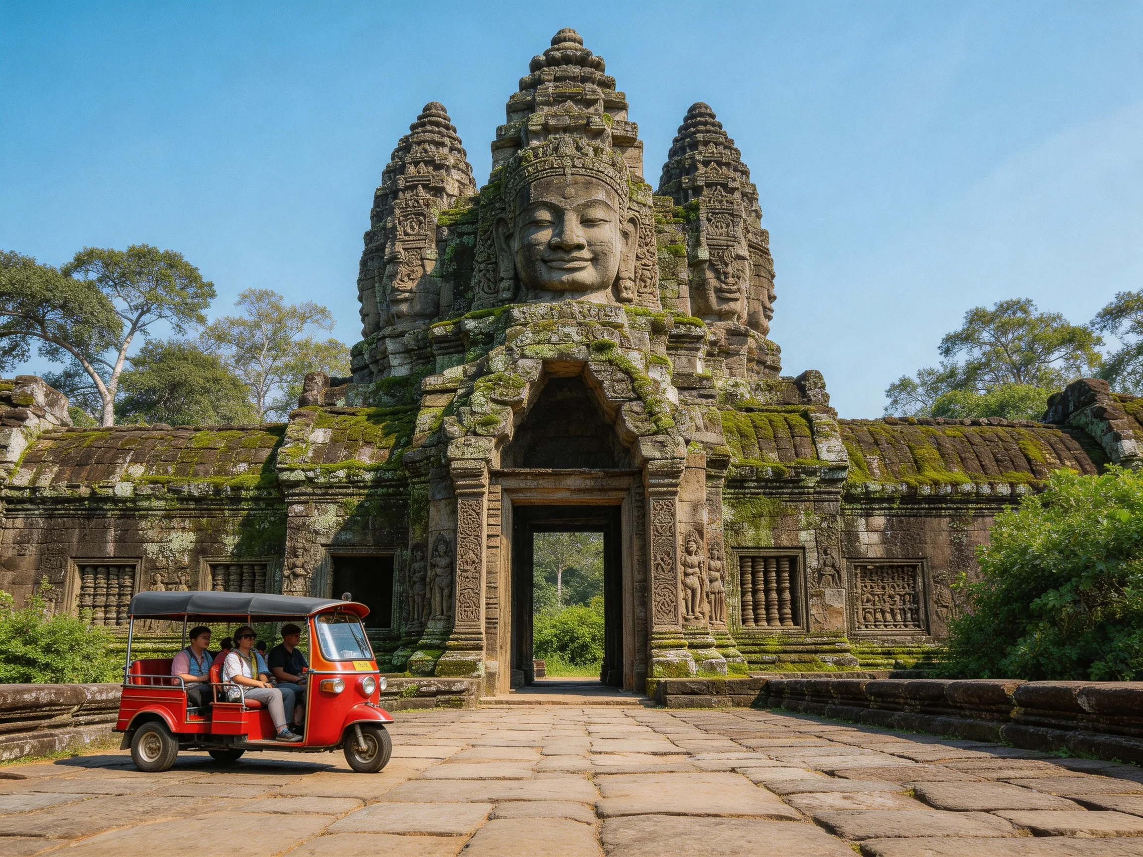 Ancient Temple with Stone Faces and Red Tuk-Tuk Nearby