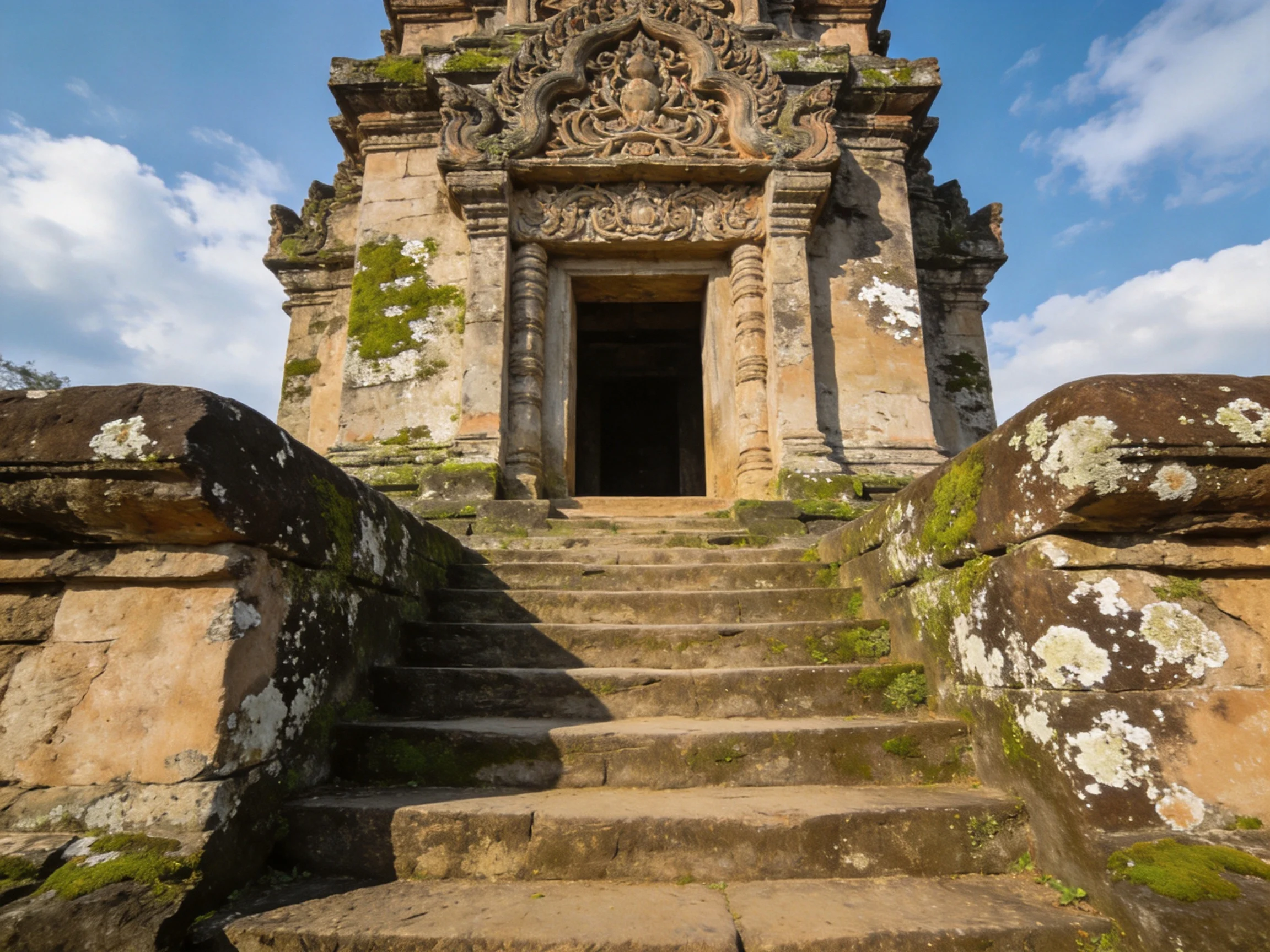 Ancient Temple with Stone Steps and Ornate Carvings Under Sunny Sky