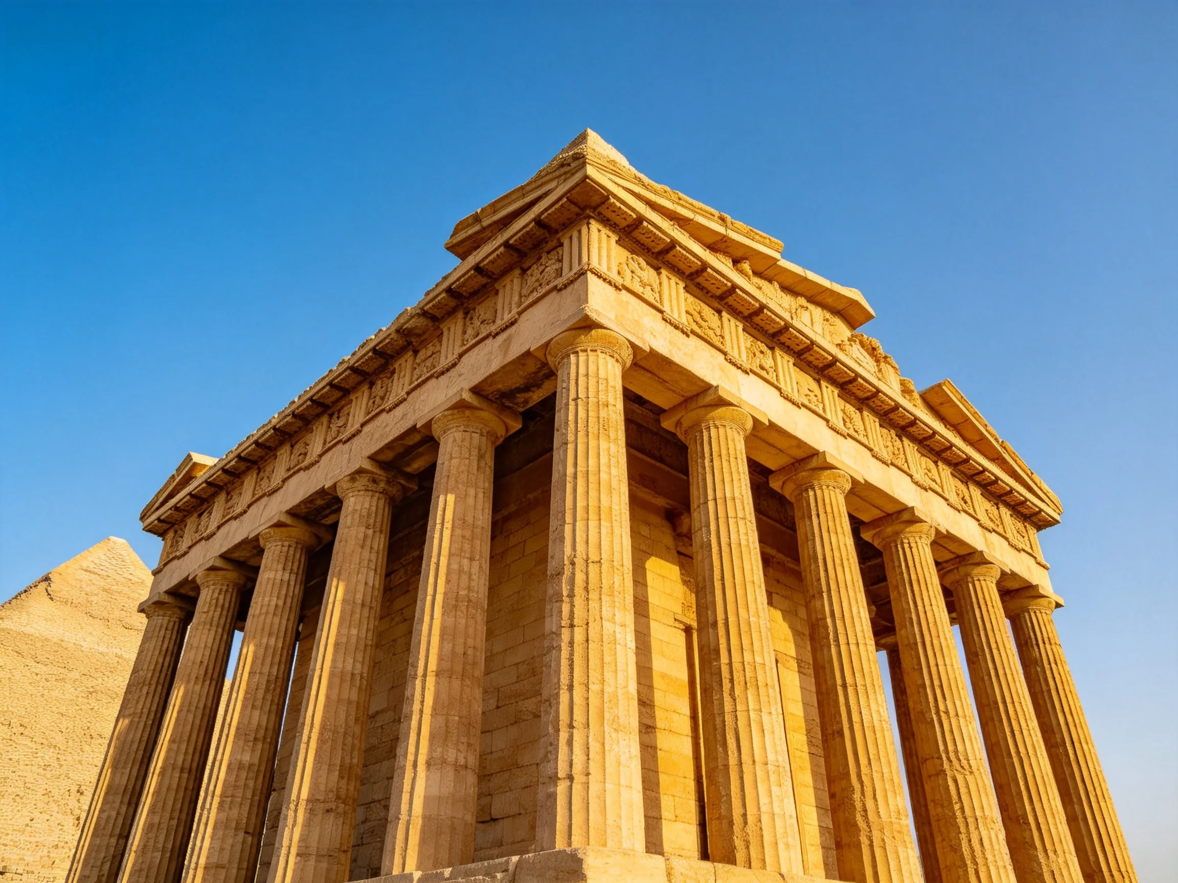 Ancient Temple with Tall Stone Columns Under Clear Blue Sky