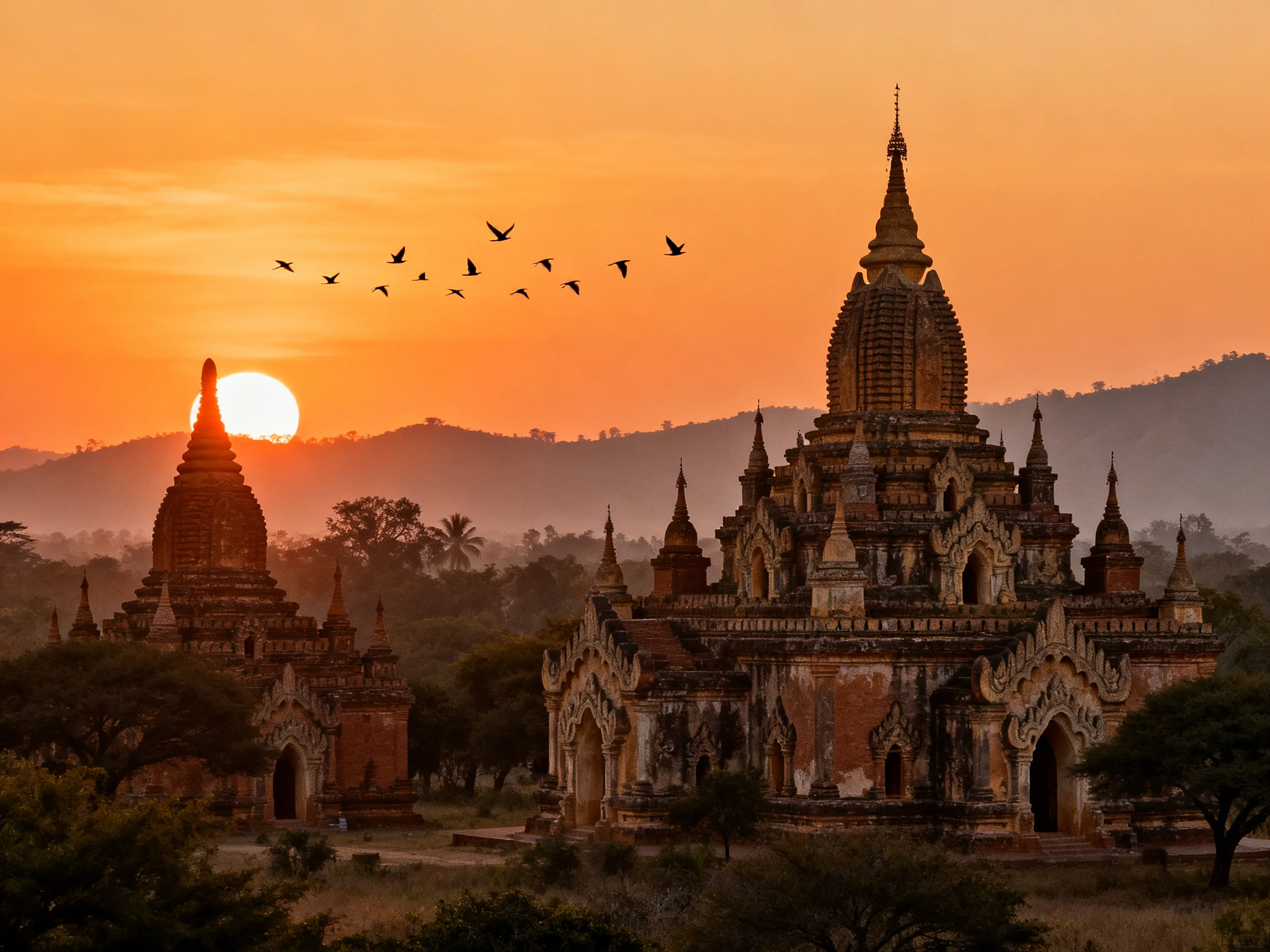 Ancient Temples at Sunset with Flock of Birds