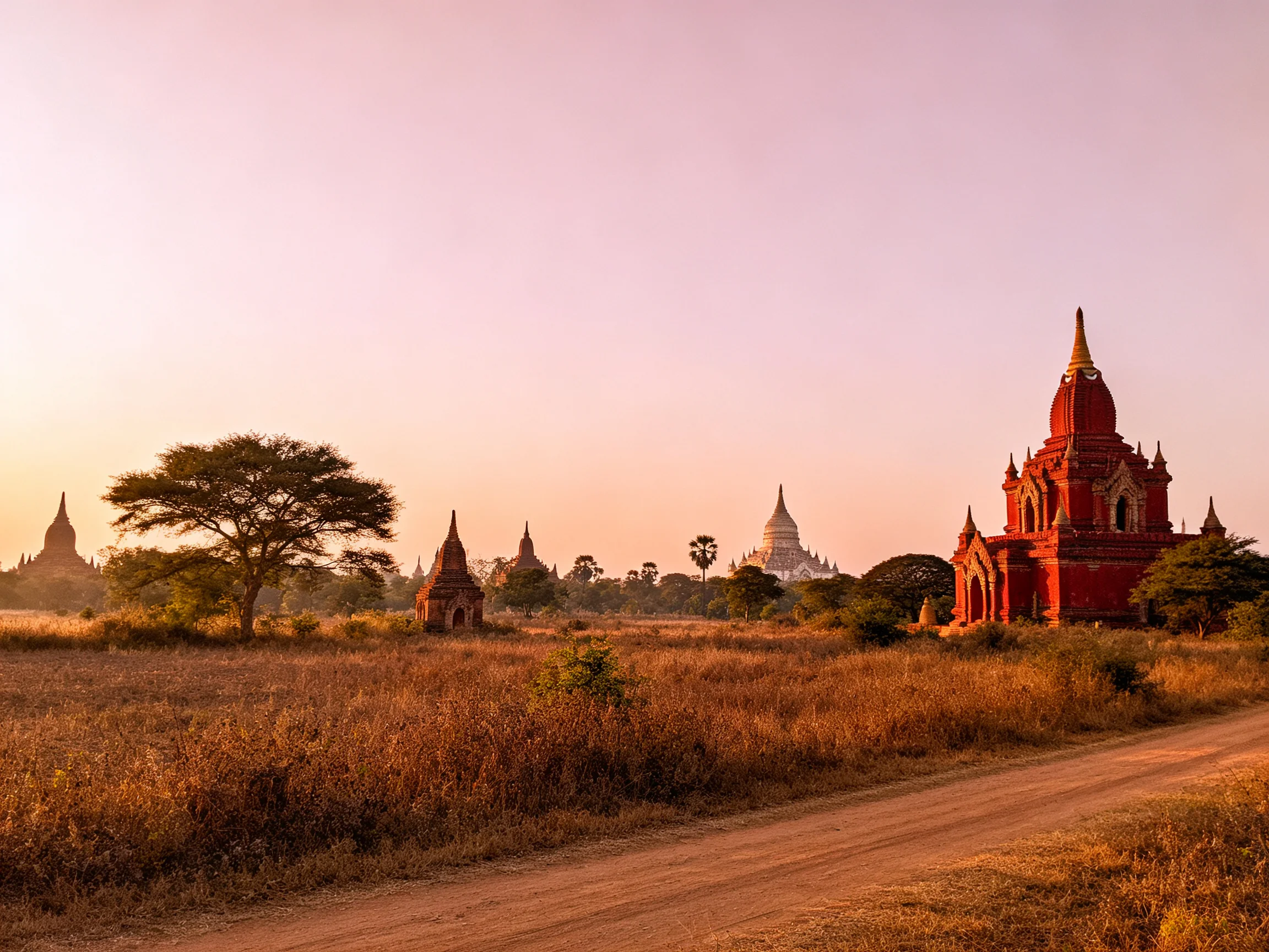 Ancient Temples in Golden Fields Under Soft Sunset