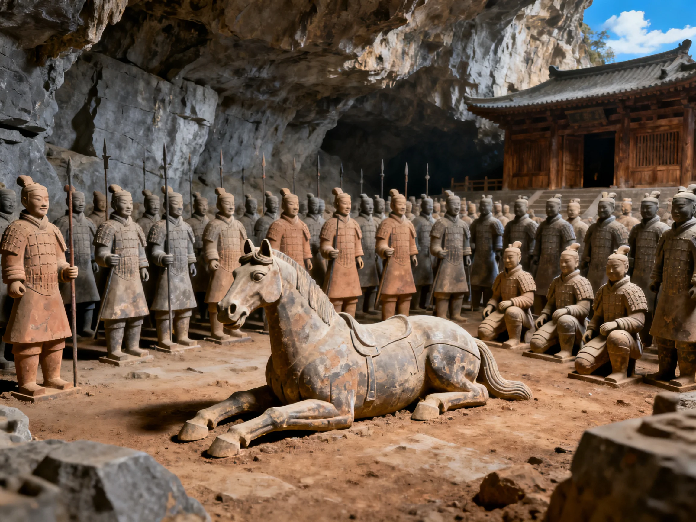 Ancient Terracotta Soldiers and Horse in Cave with Wooden Temple