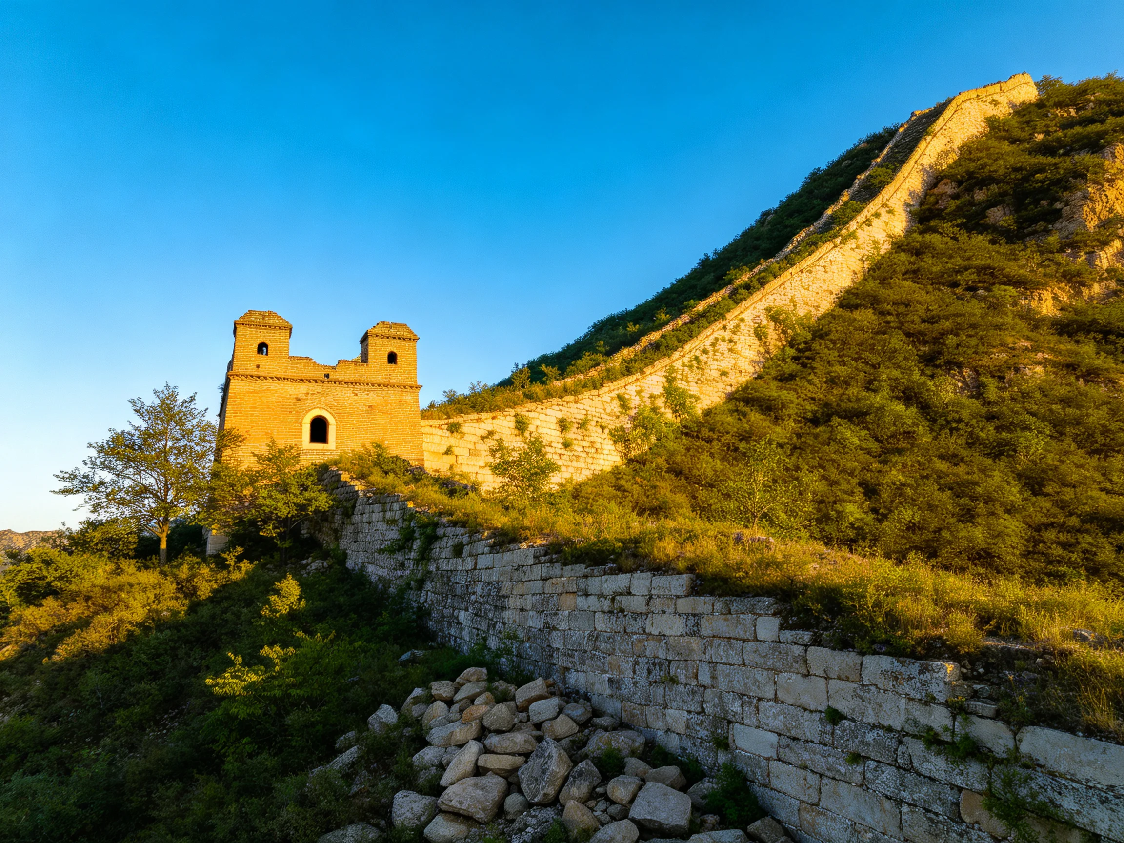 Ancient Watchtower and Historic Stone Wall Along Mountain Slope