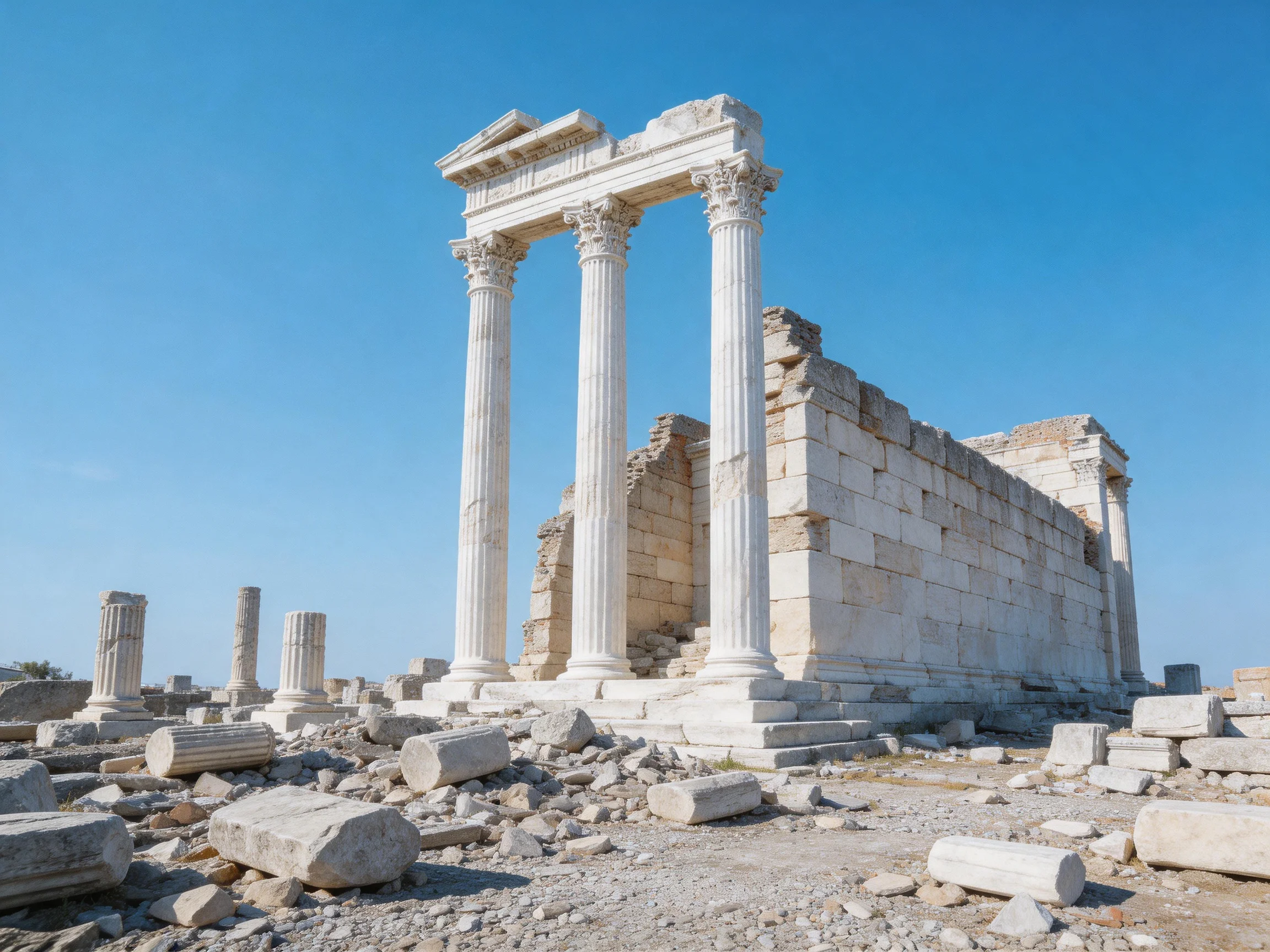 Ancient White Column Ruins with Blue Sky and Stone Debris