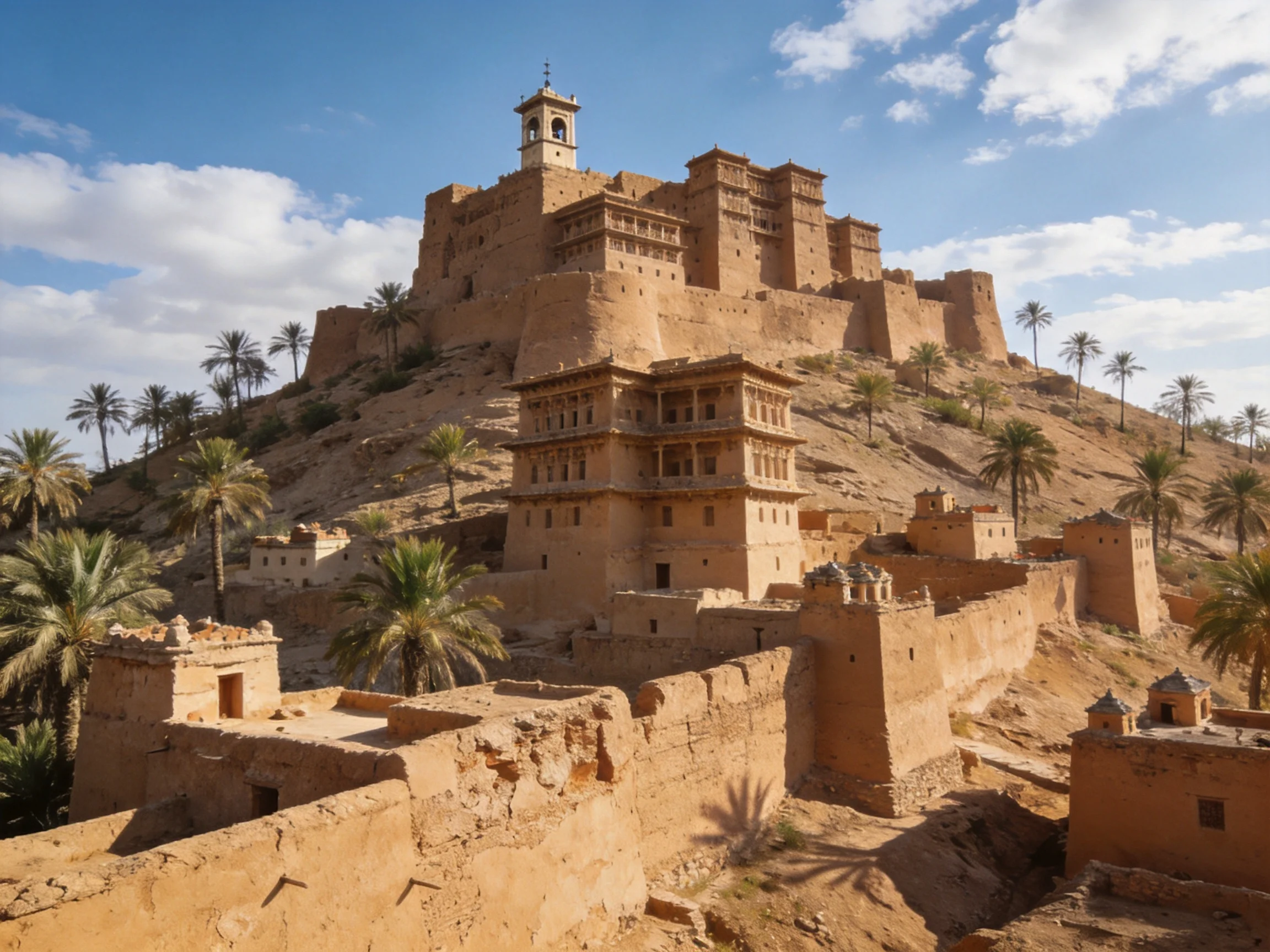 Ancient adobe fortress complex nestled among palm trees on a sandy hill